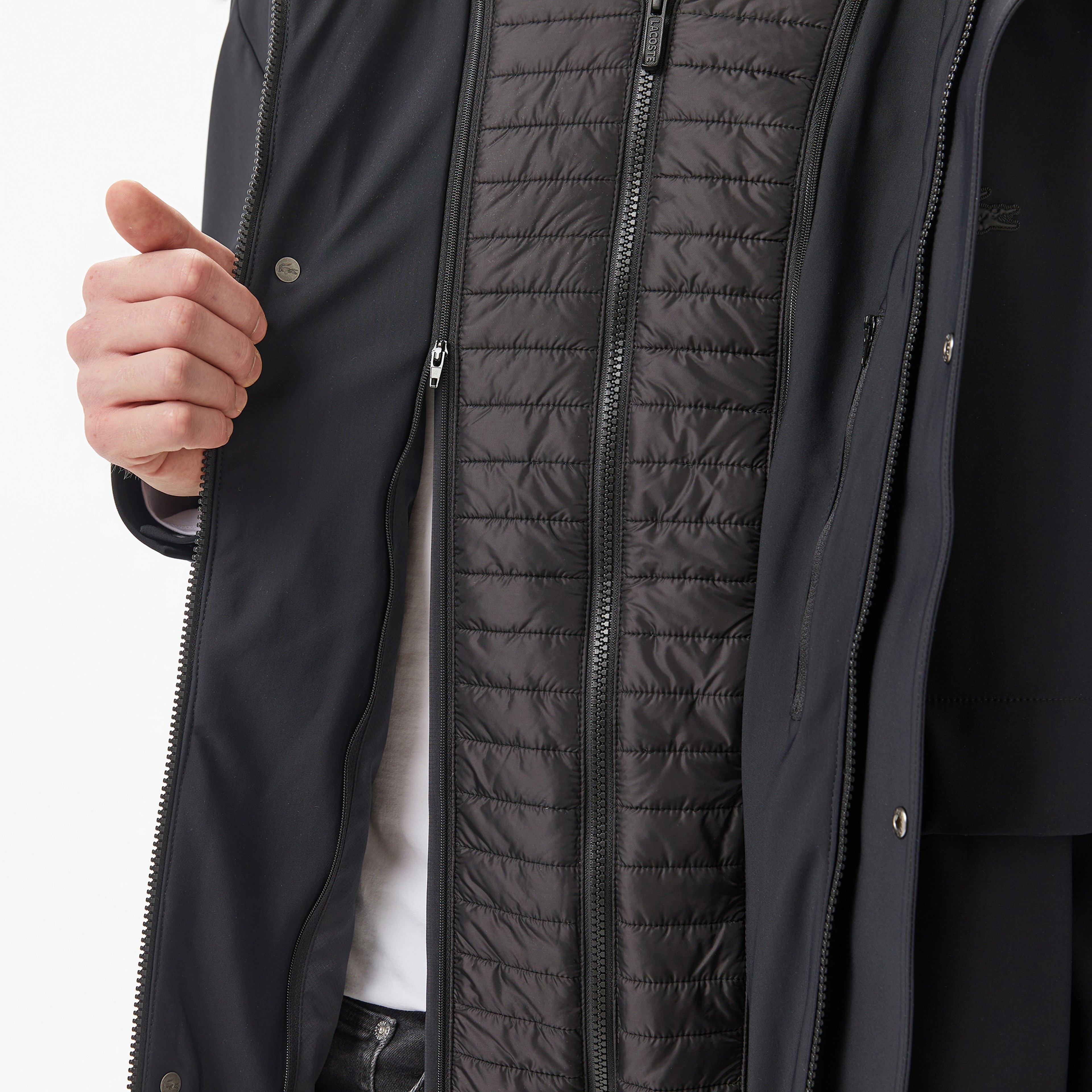 Erkek Kapüşonlu Siyah Trençkot