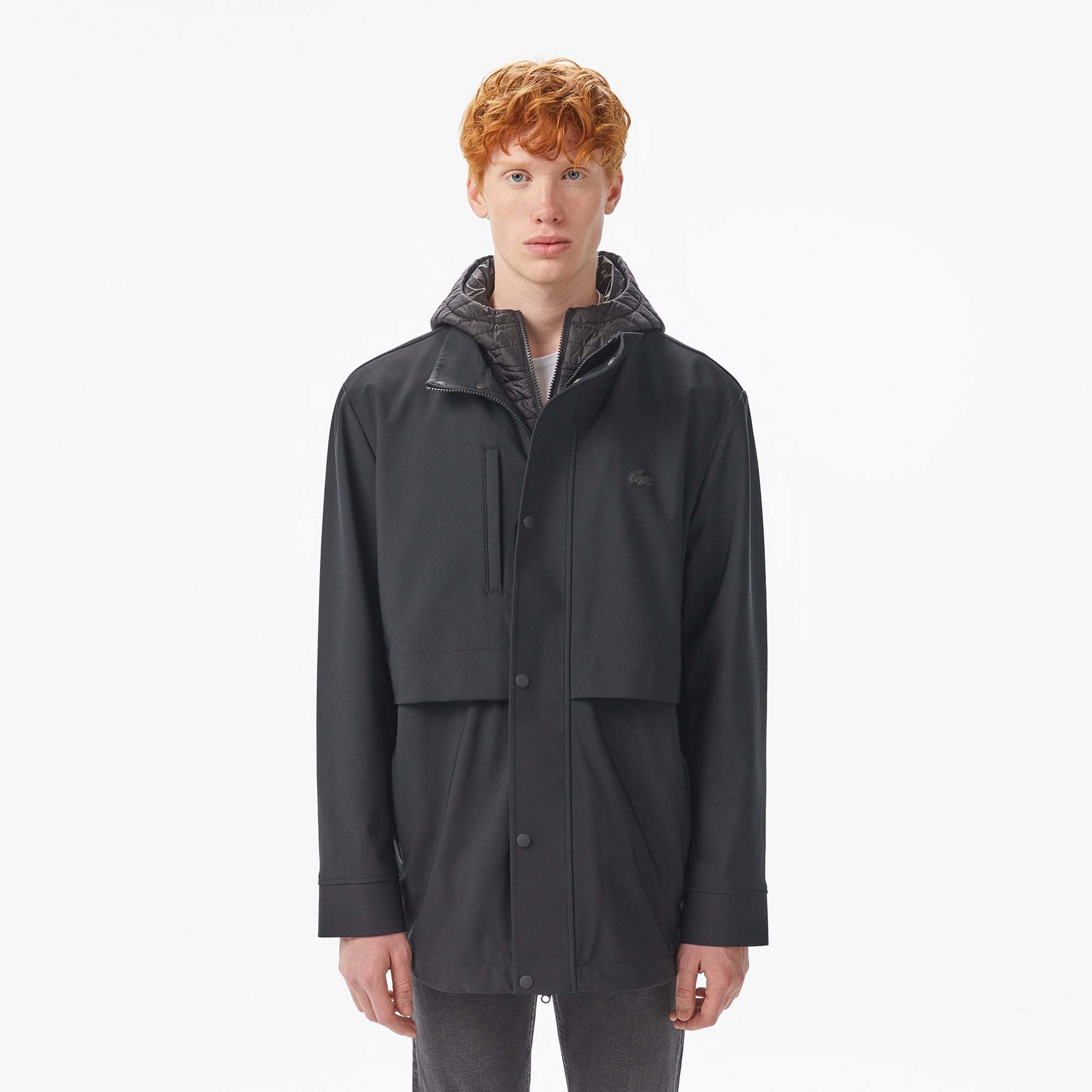 Erkek Kapüşonlu Siyah Trençkot