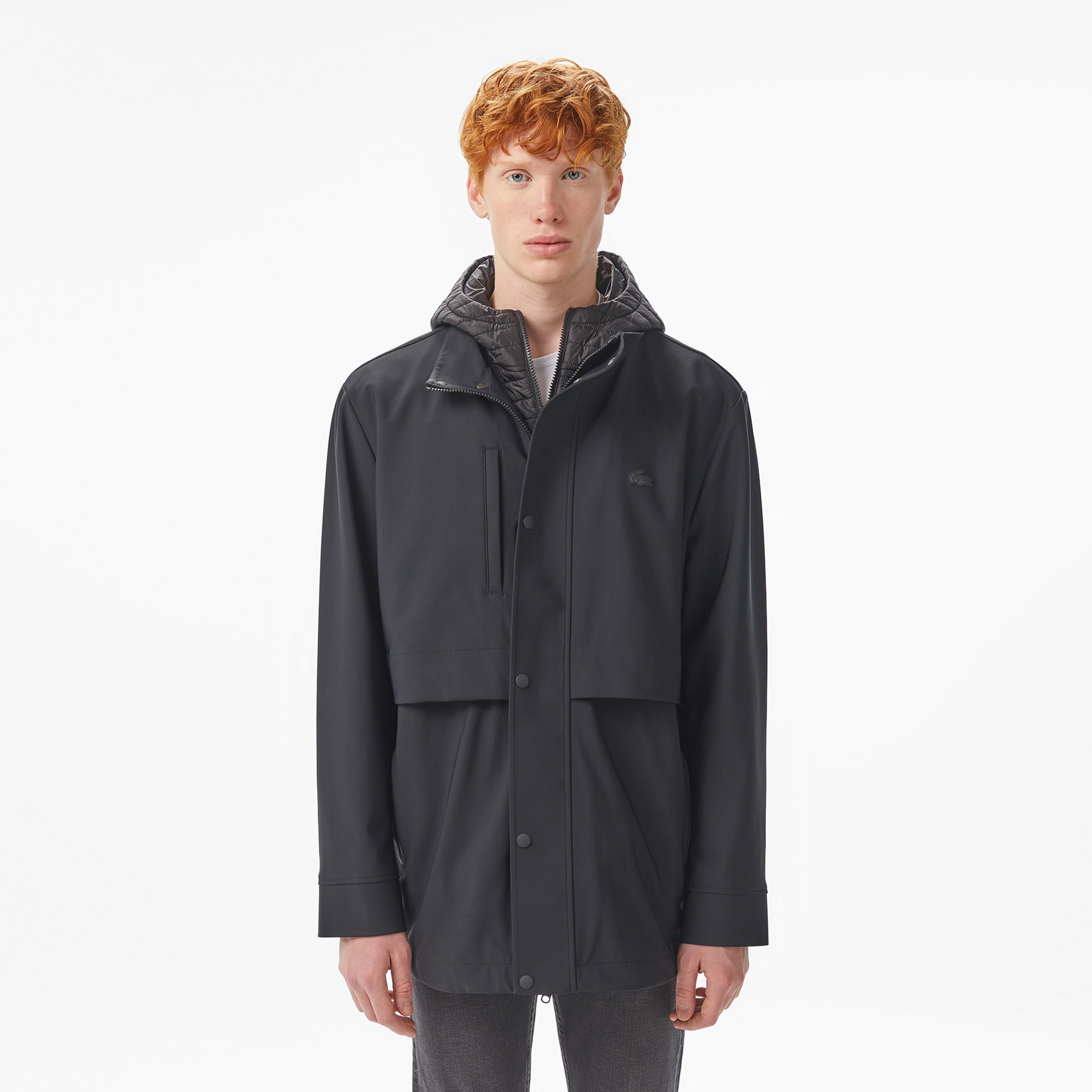 Erkek Kapüşonlu Siyah Trençkot