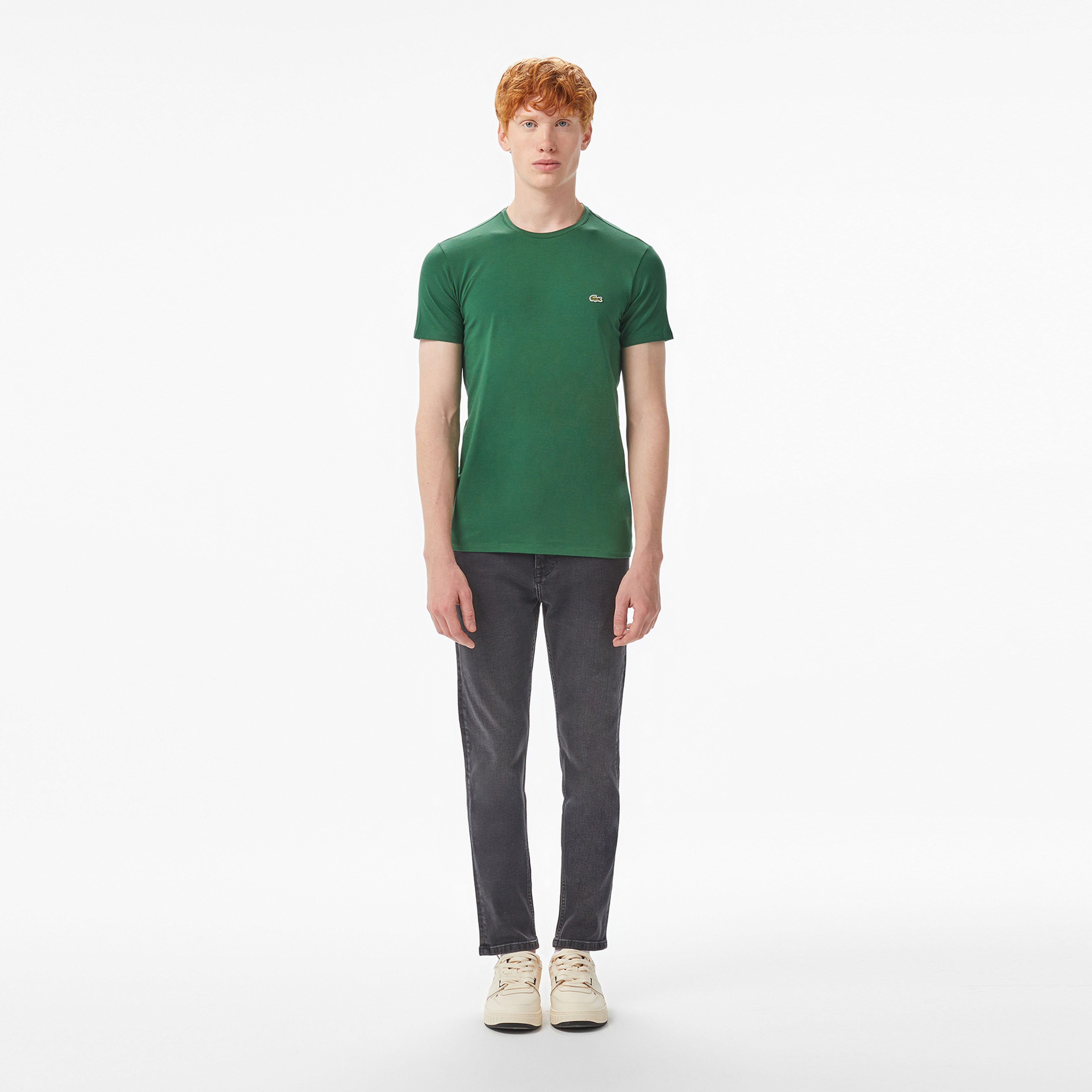 Erkek Slim Fit Bisiklet Yaka Koyu Yeşil T-Shirt