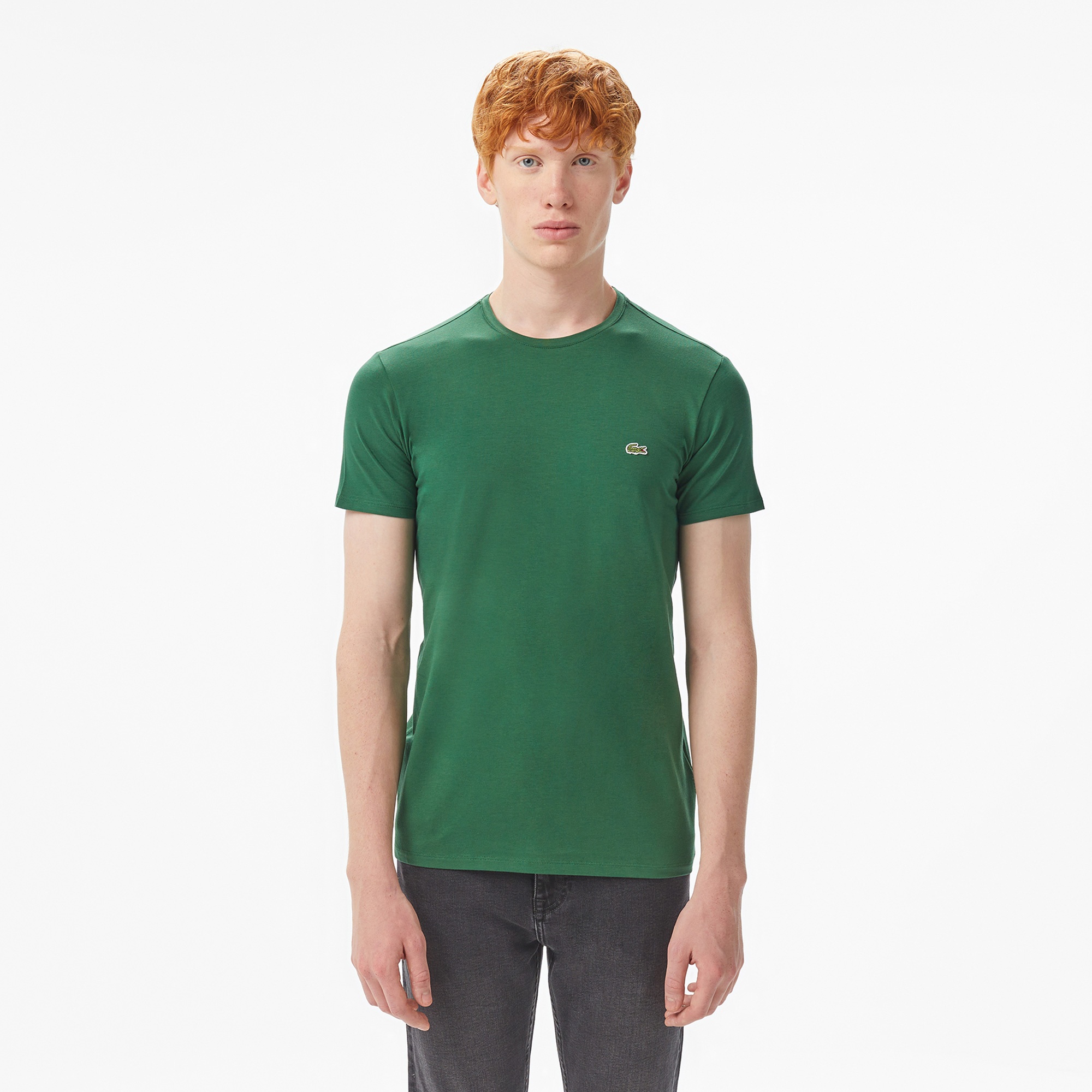 Erkek Slim Fit Bisiklet Yaka Koyu Yeşil T-Shirt