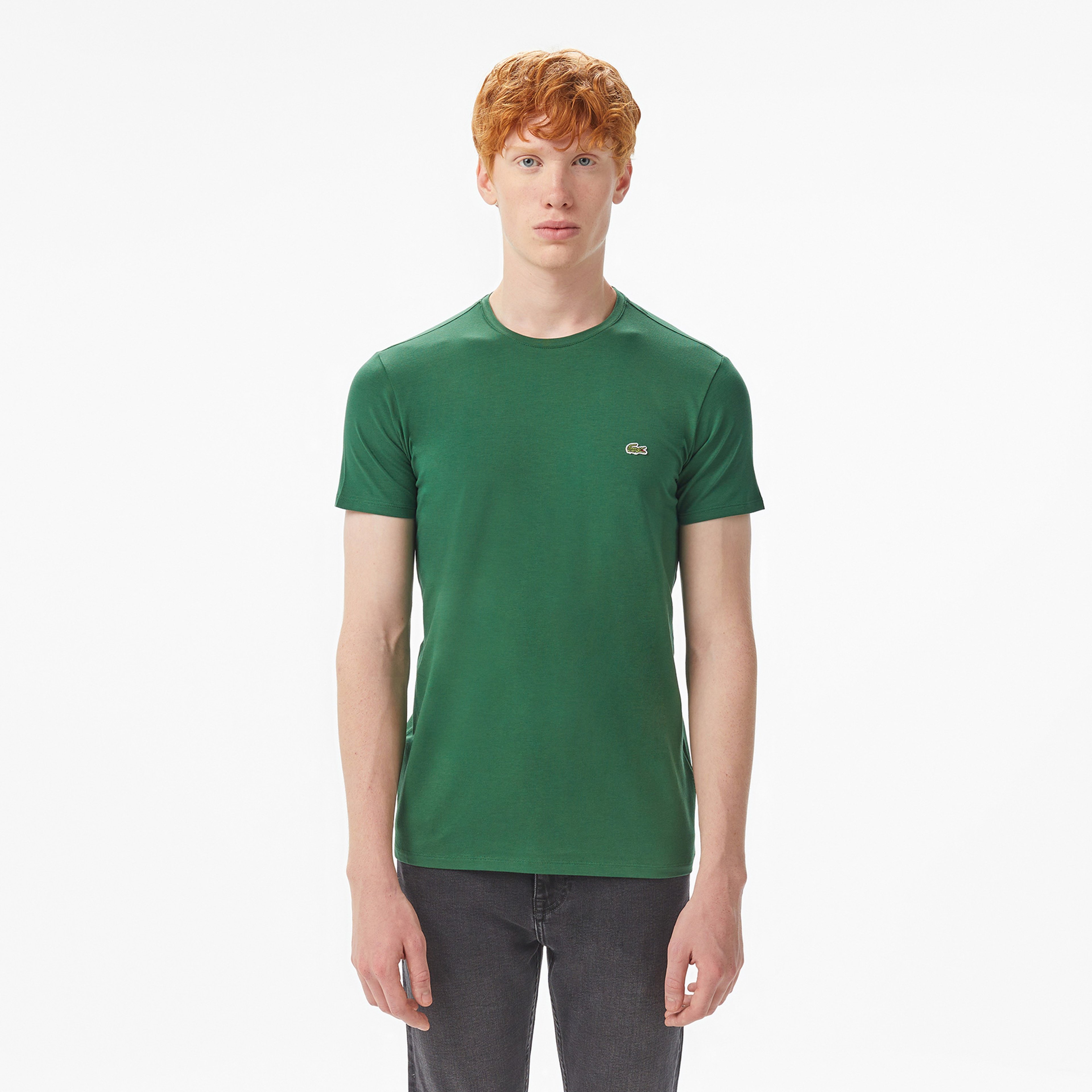 Erkek Slim Fit Bisiklet Yaka Koyu Yeşil T-Shirt