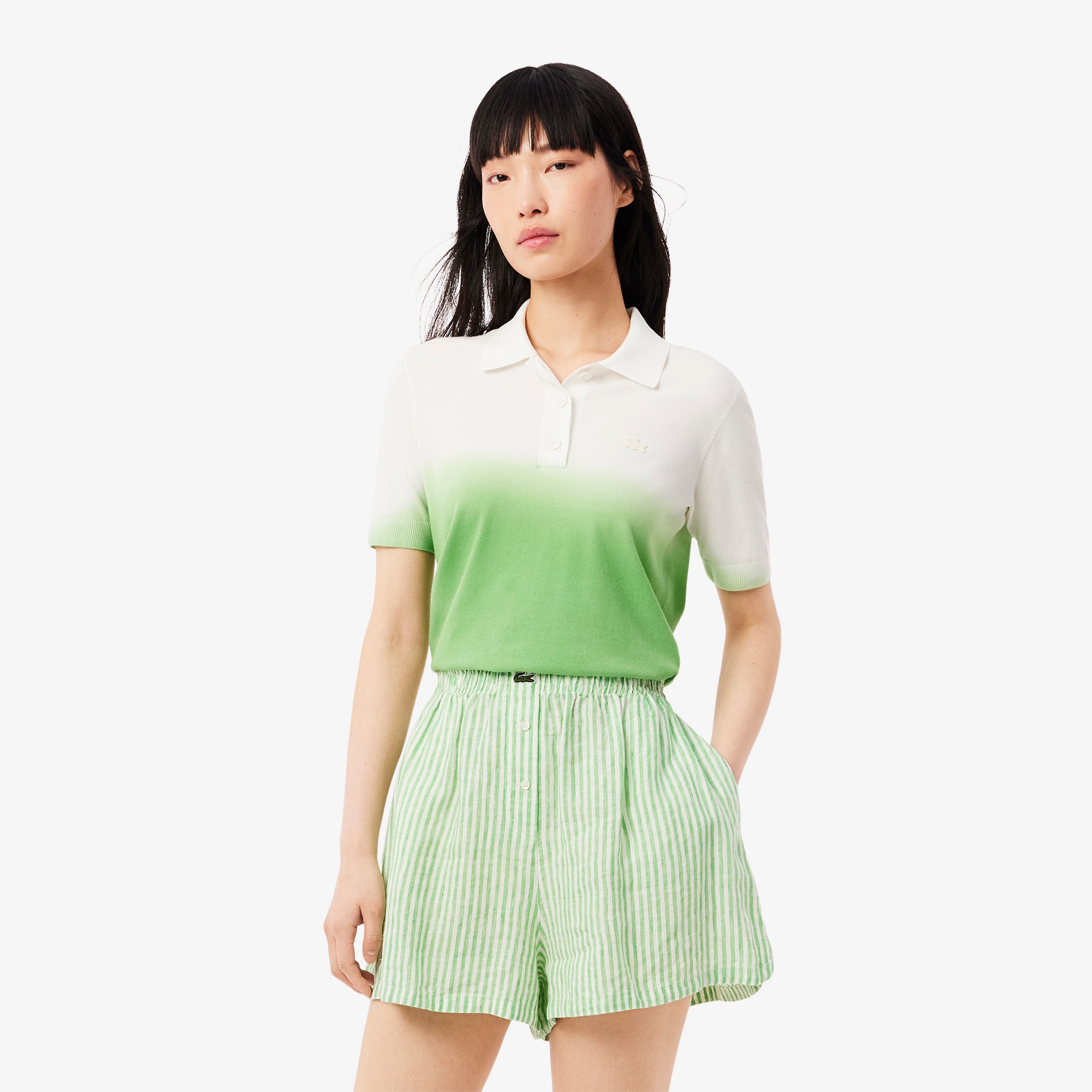 Lacoste Kadın Classic Fit Kısa Kollu Polo Yaka Renk Bloklu Yeşil Triko