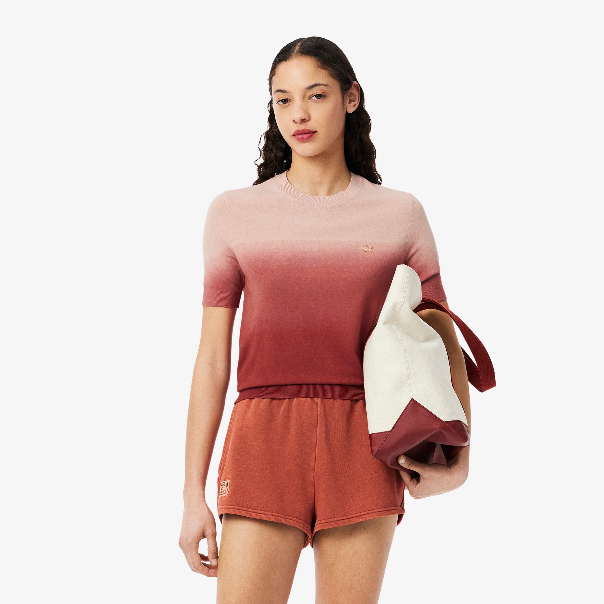 Lacoste Kadın Classic Fit Kısa Kollu Bisiklet Yaka Renk Bloklu Pembe Triko
