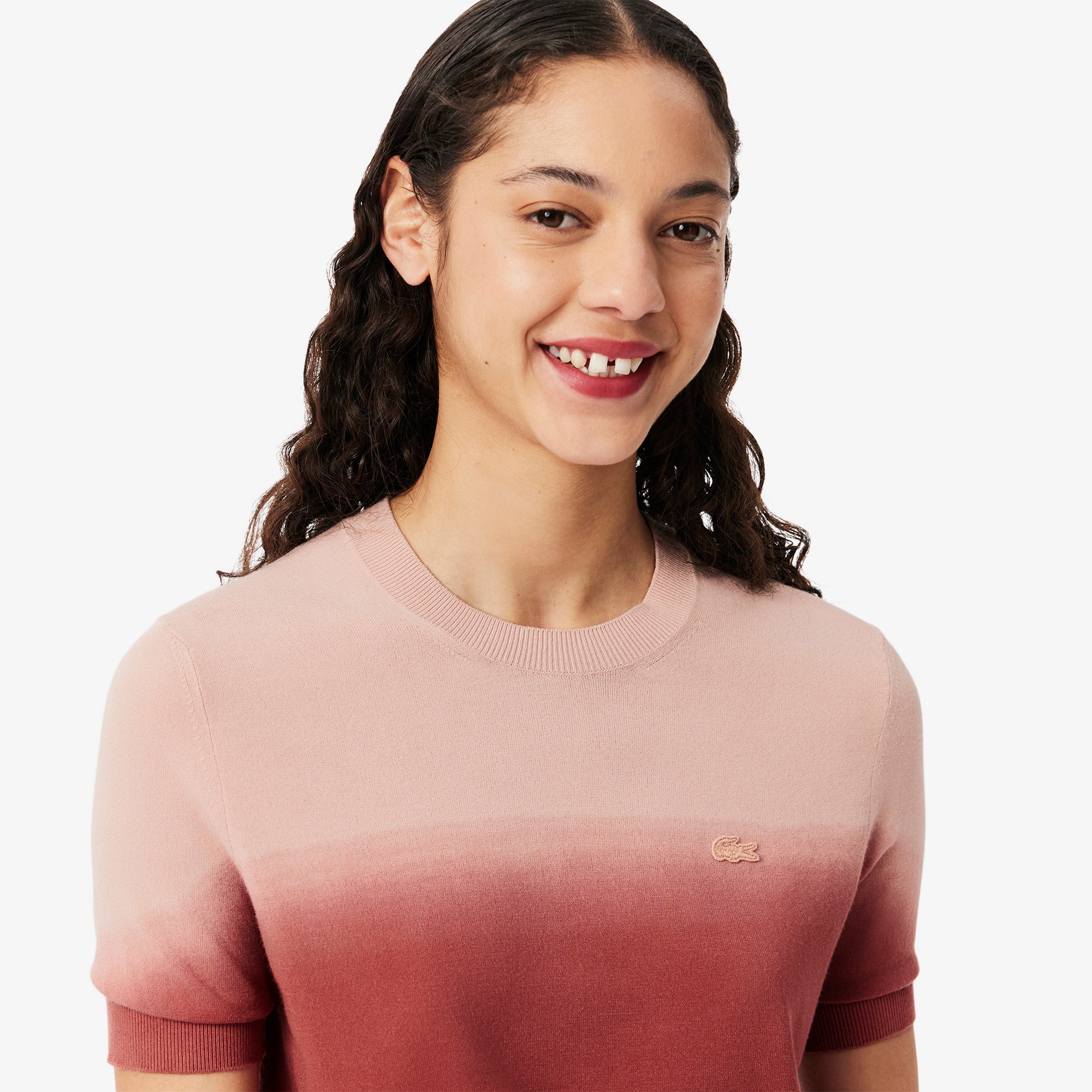 Lacoste Kadın Classic Fit Kısa Kollu Bisiklet Yaka Renk Bloklu Pembe Triko
