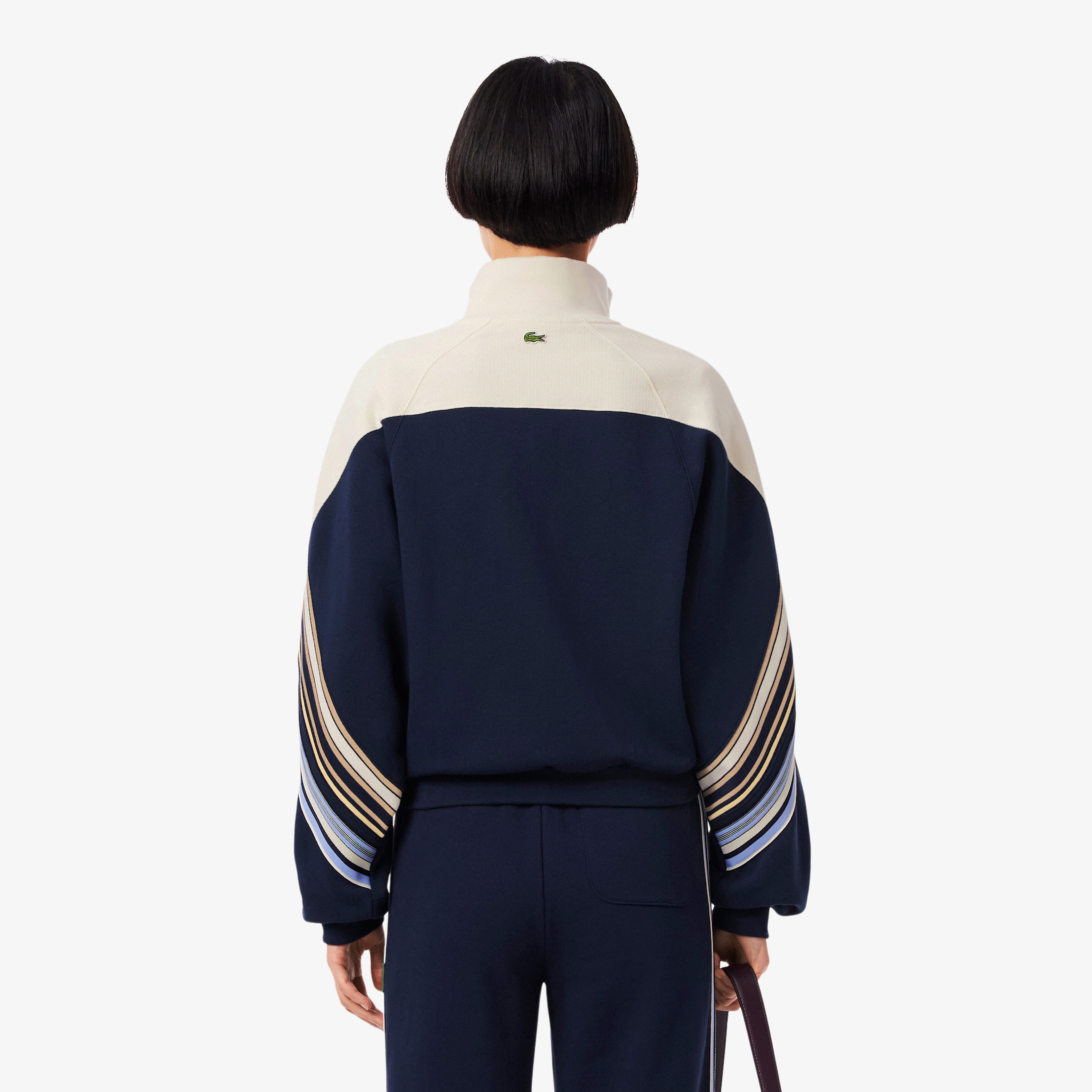 Kadın Relaxed Fit Fermuarlı Çizgili Lacivert Sweatshirt