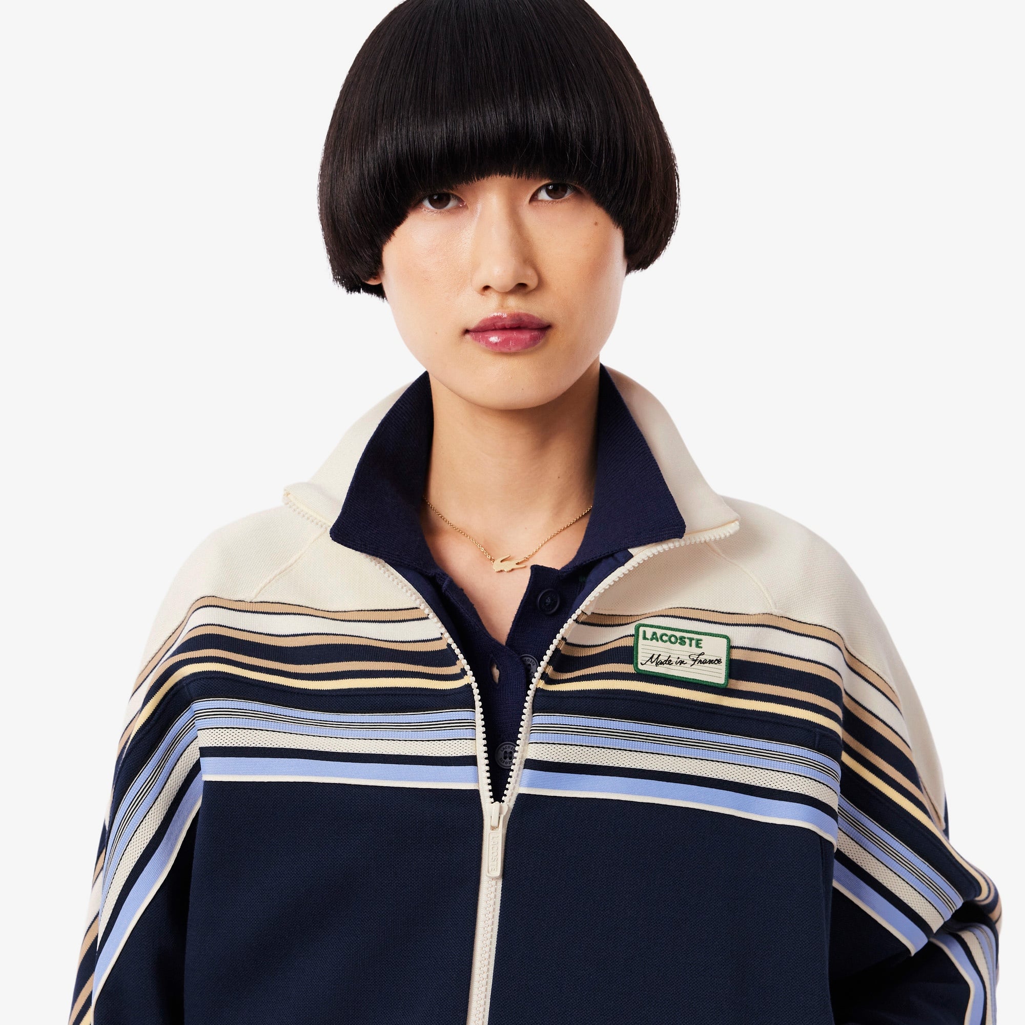 Kadın Relaxed Fit Fermuarlı Çizgili Lacivert Sweatshirt