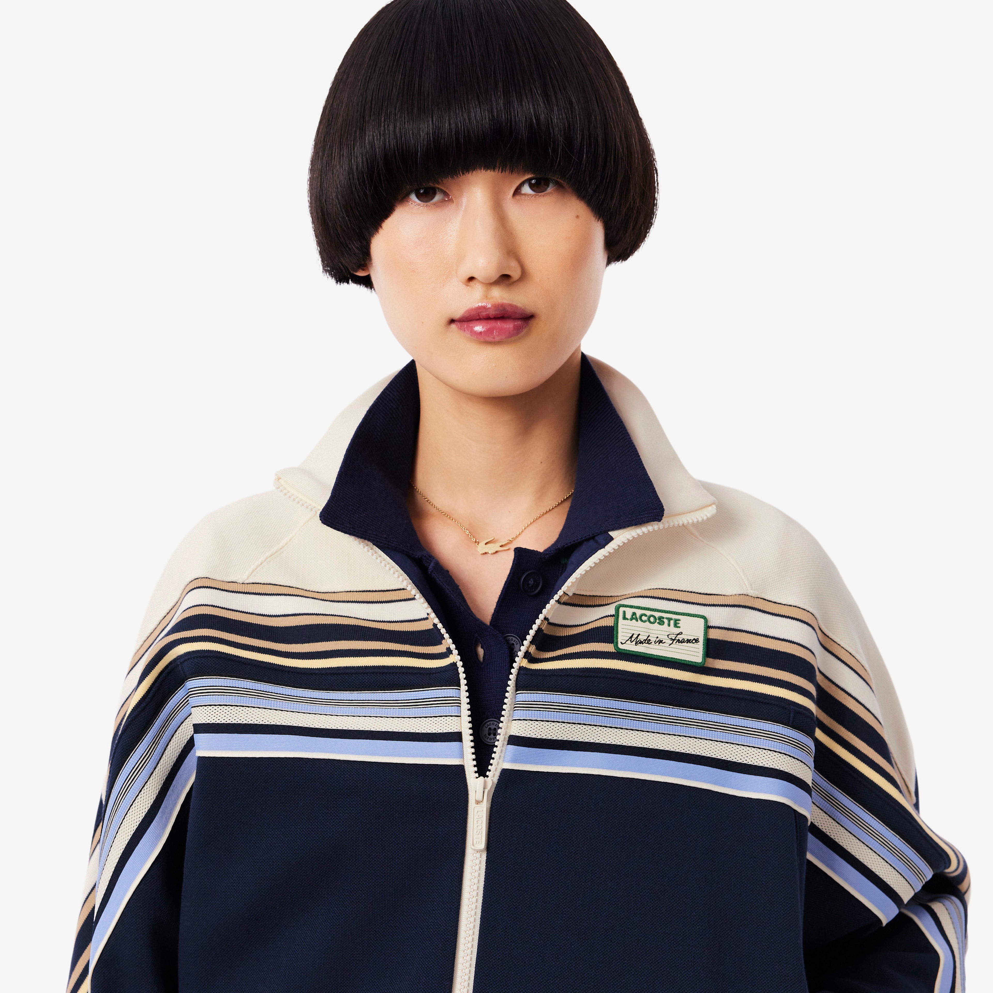 Kadın Relaxed Fit Fermuarlı Çizgili Lacivert Sweatshirt