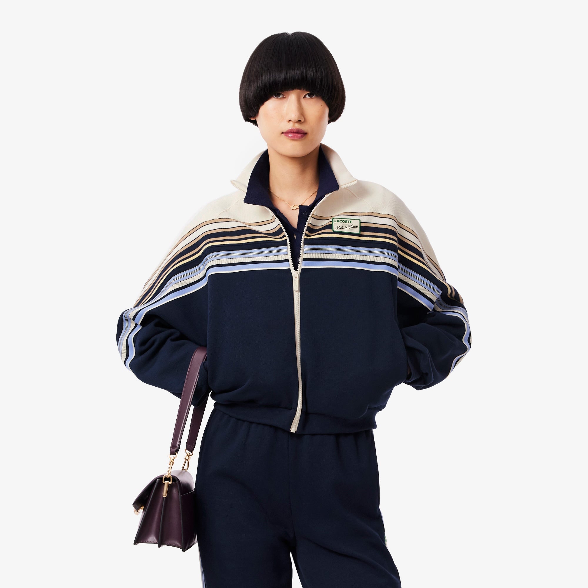 Kadın Relaxed Fit Fermuarlı Çizgili Lacivert Sweatshirt