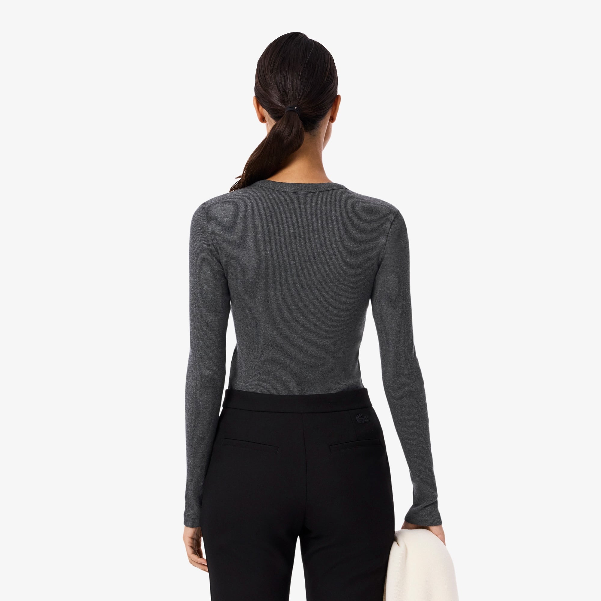 Kadın Slim Fit Uzun Kollu Bisiklet Yaka Gri T-Shirt