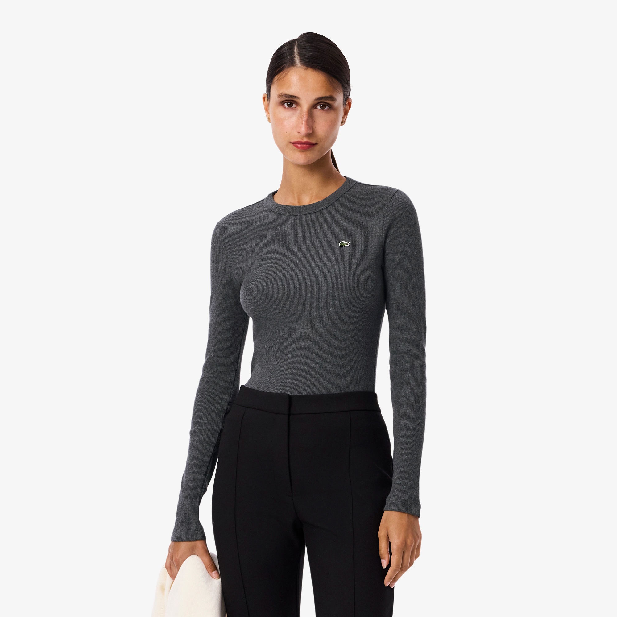 Kadın Slim Fit Uzun Kollu Bisiklet Yaka Gri T-Shirt