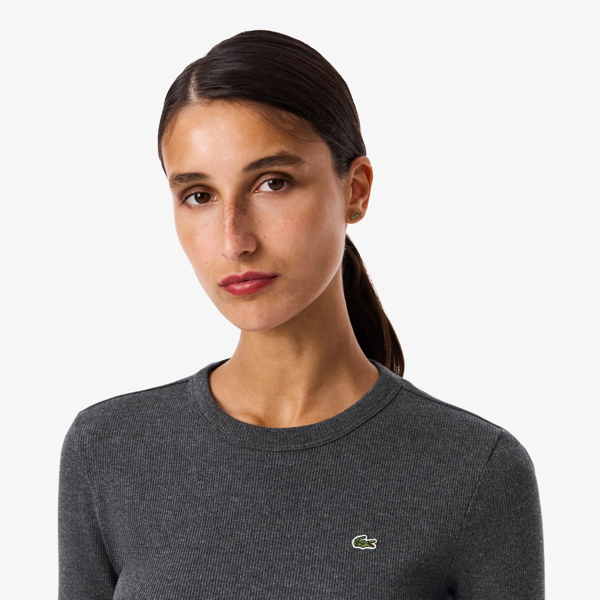 Kadın Slim Fit Uzun Kollu Bisiklet Yaka Gri T-Shirt