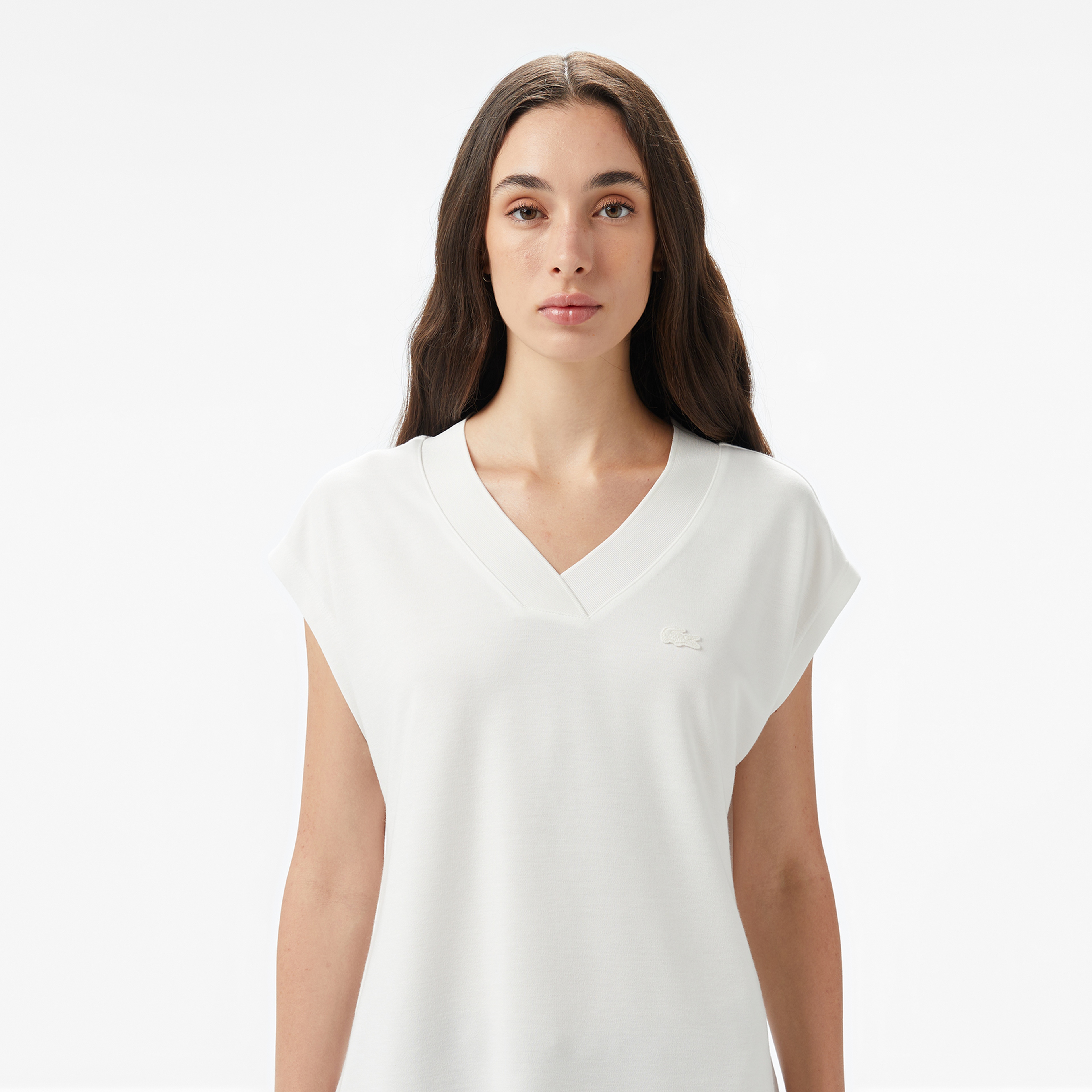 Kadın Slim Fit V Yaka Beyaz T-Shirt