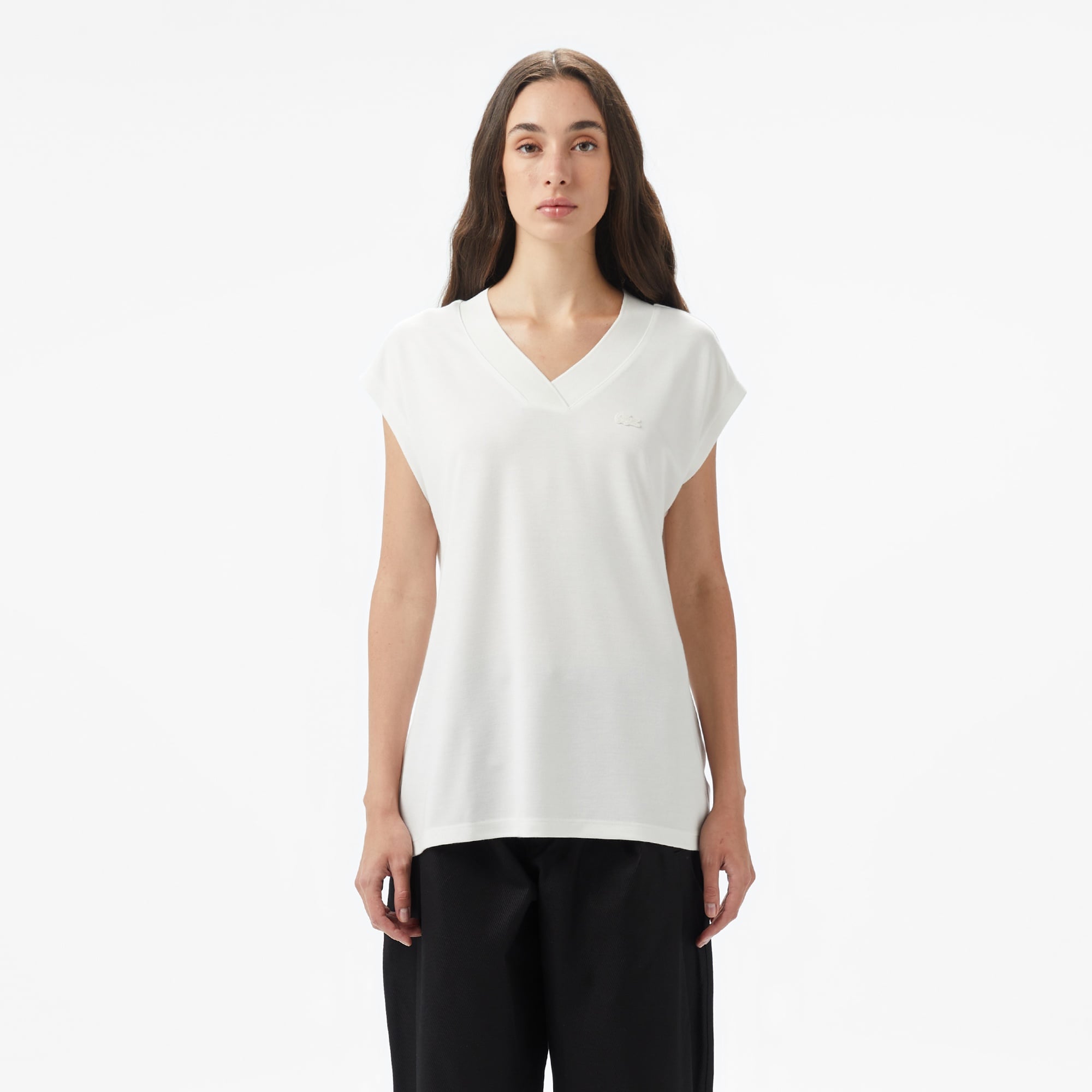 Lacoste Kadın Slim Fit V Yaka Beyaz T-Shirt