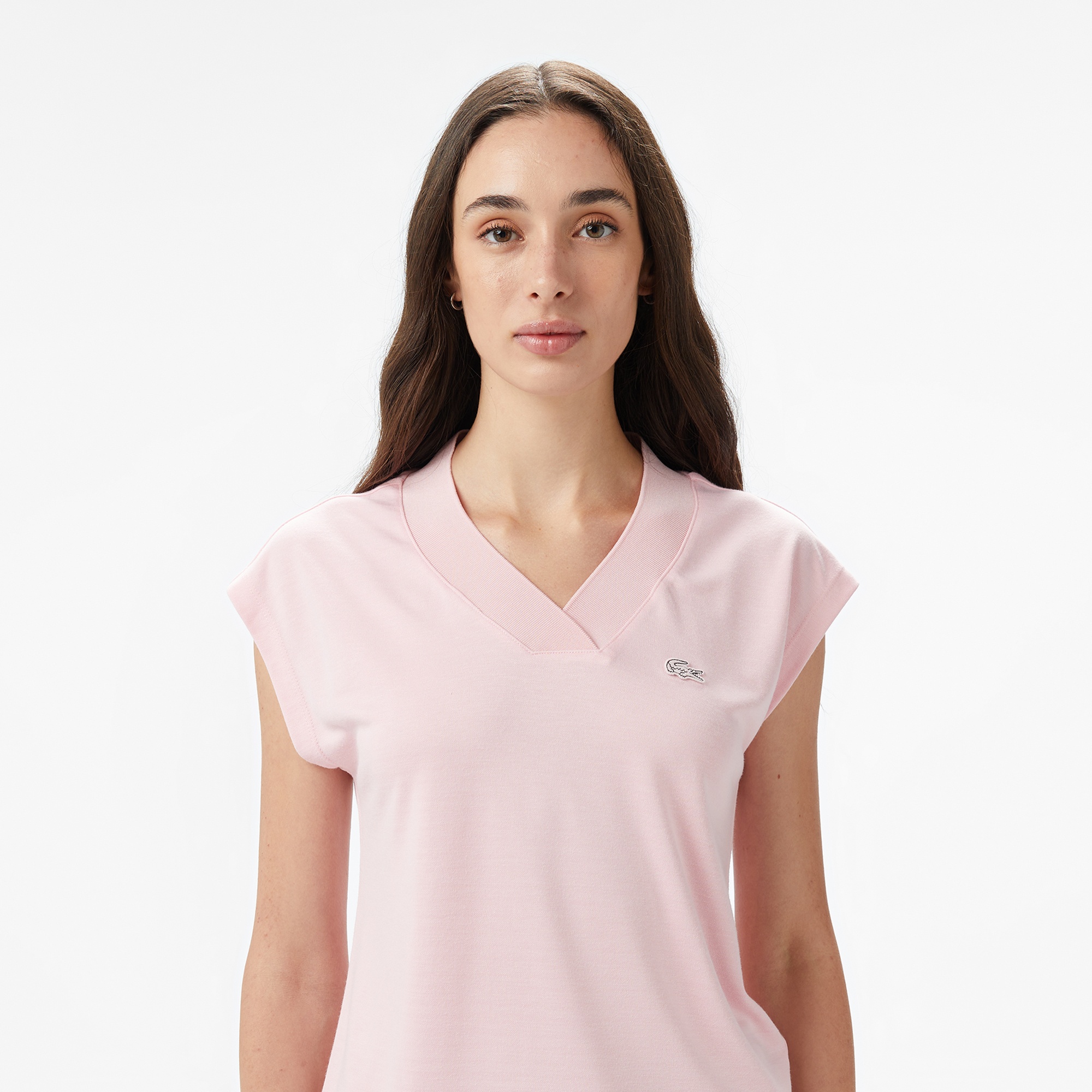 Kadın Slim Fit V Yaka Açık Pembe T-Shirt