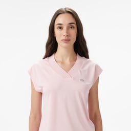Kadın Slim Fit V Yaka Açık Pembe T-Shirt Pembe