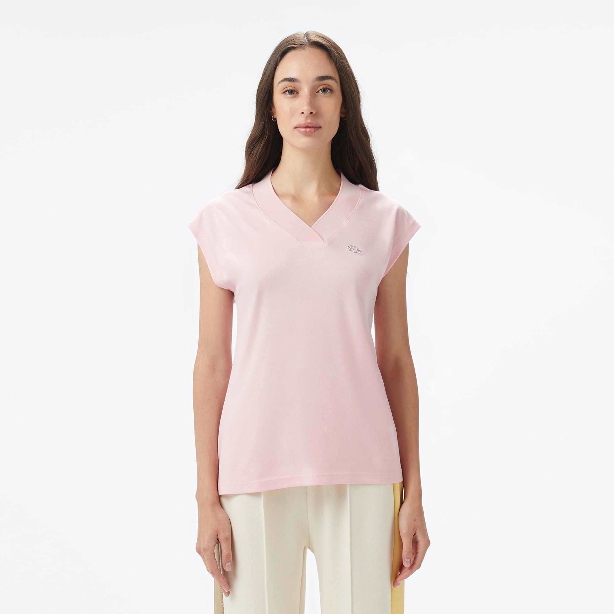 Kadın Slim Fit V Yaka Açık Pembe T-Shirt