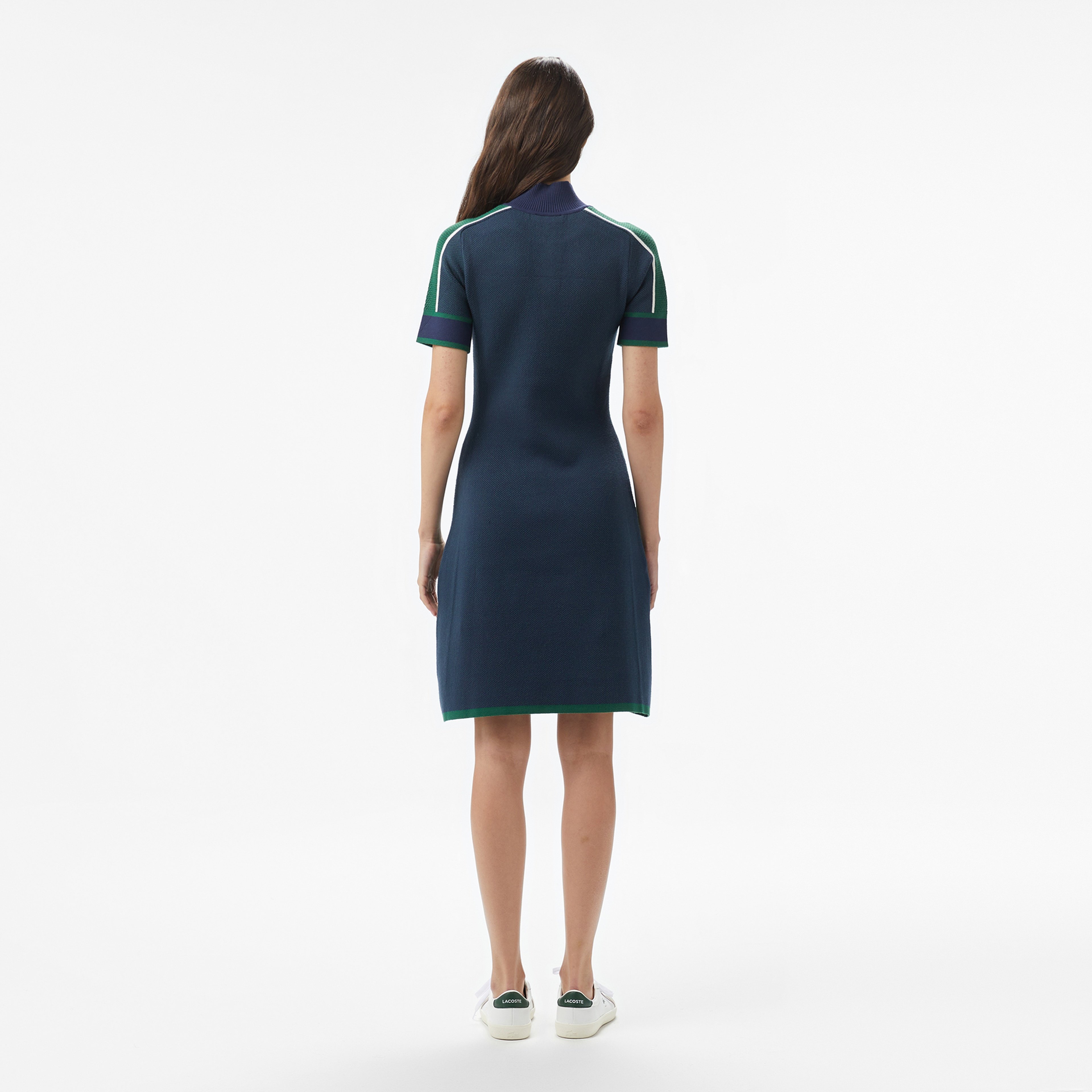 Kadın Classic Fit Kısa Kollu Yarım Fermuarlı Renk Bloklu Lacivert Elbise