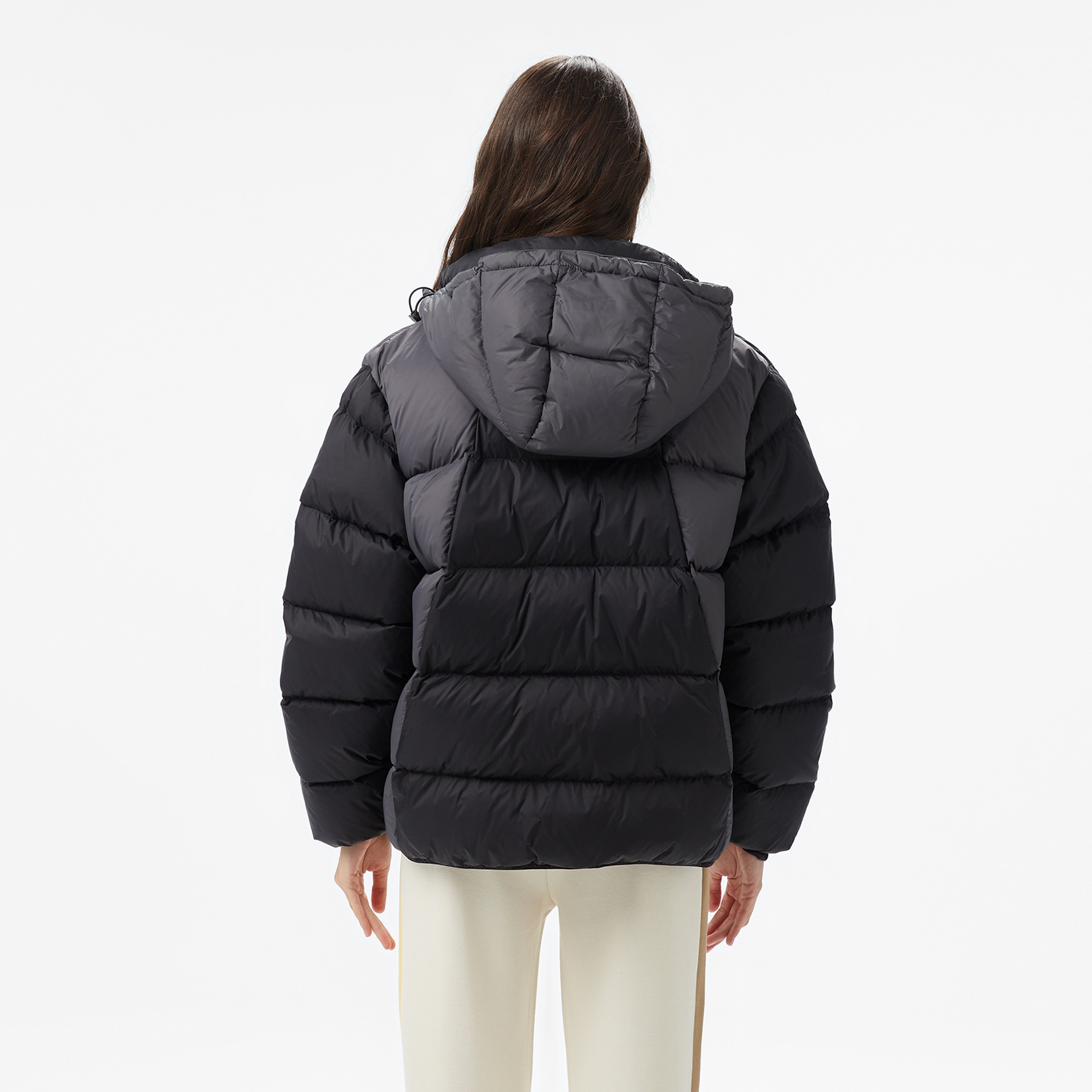 Kadın Kapüşonlu Renk Bloklu Siyah Mont