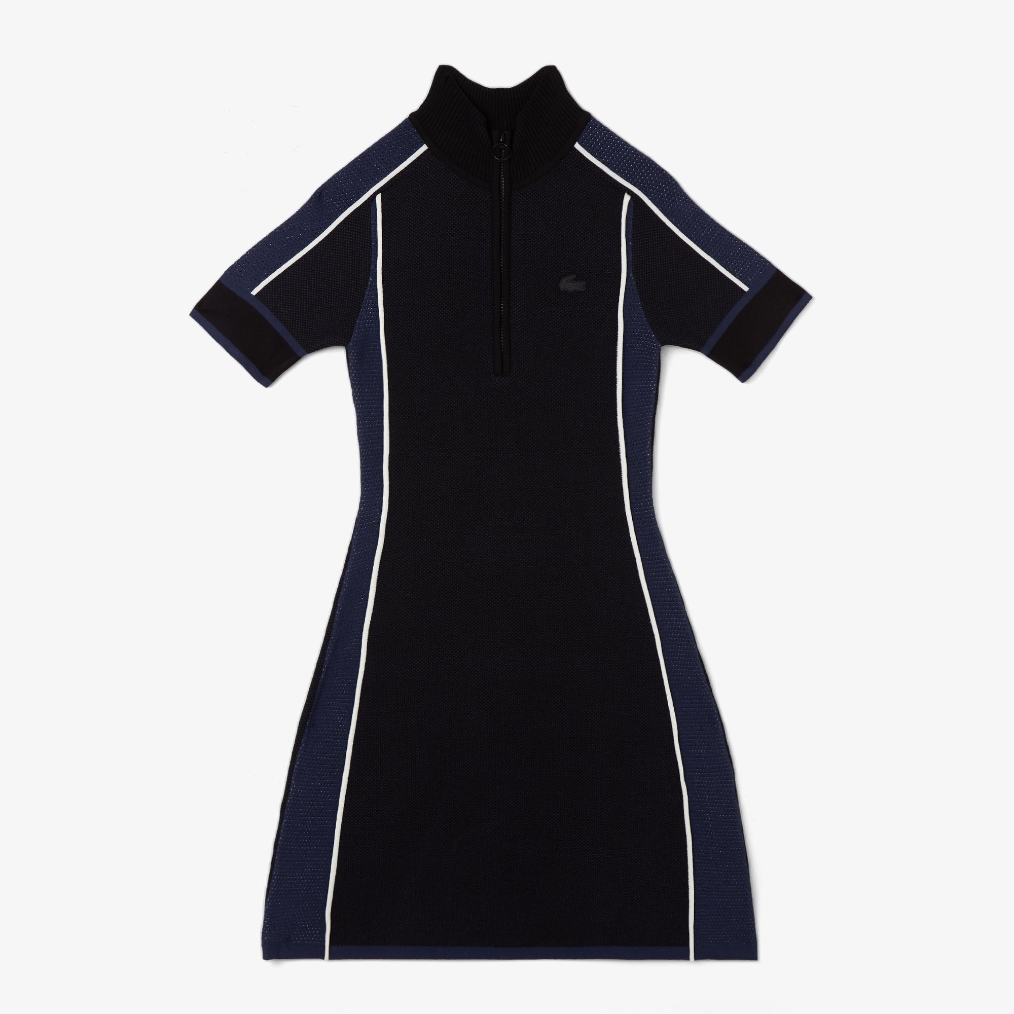 Kadın Classic Fit Kısa Kollu Yarım Fermuarlı Renk Bloklu Siyah Elbise