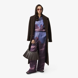 Kadın Oversize Fit Baskılı Mor Saten Gömlek Mor