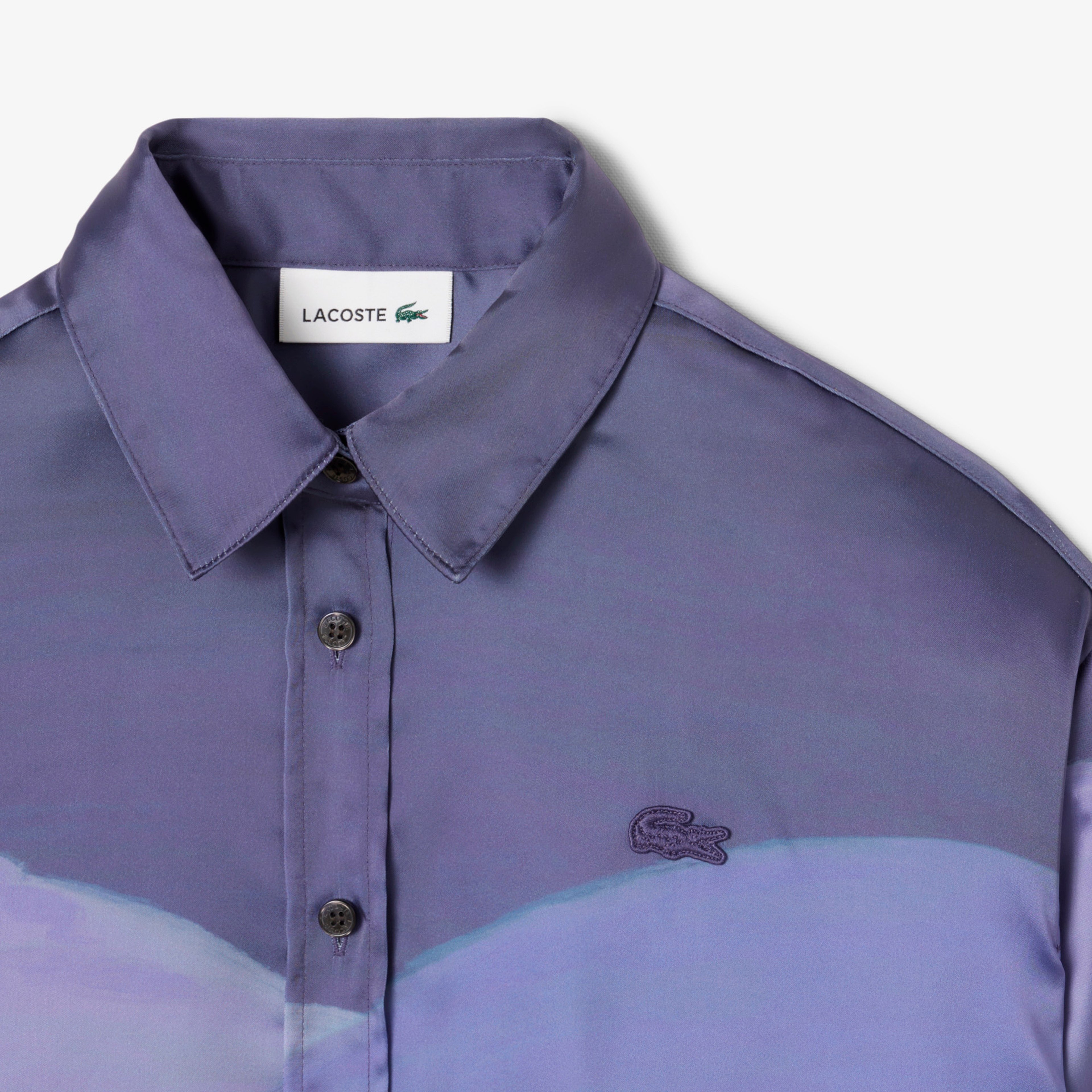 Kadın Oversize Fit Baskılı Mor Saten Gömlek