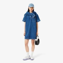 Kadın Oversize Fit Kısa Kollu Polo Yaka Denim Mavi Elbise Mavi