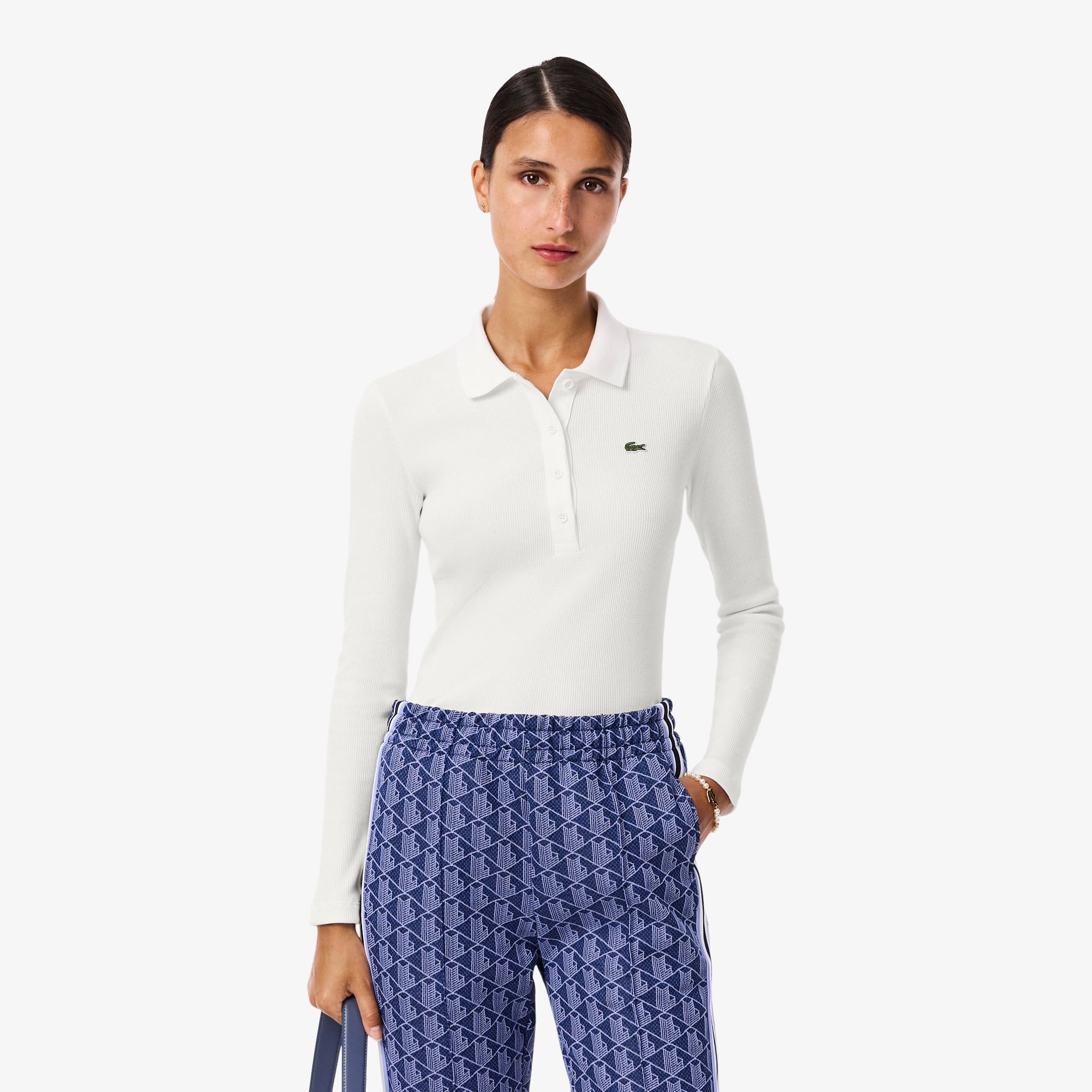 L.12.D Kadın Slim Fit Uzun Kollu Organik Pamuk Beyaz Polo