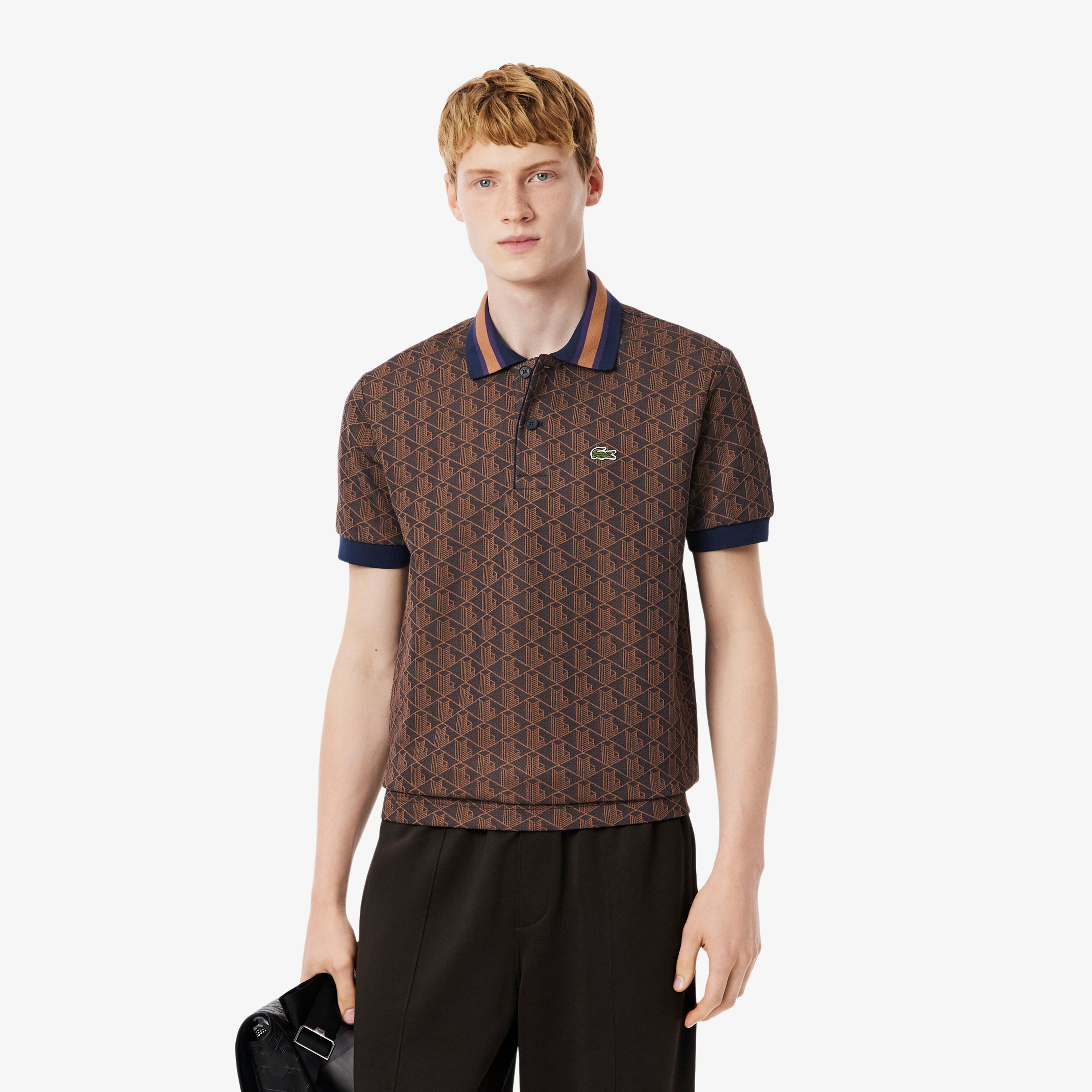 Erkek Classic Fit Monogram Kahverengi Polo
