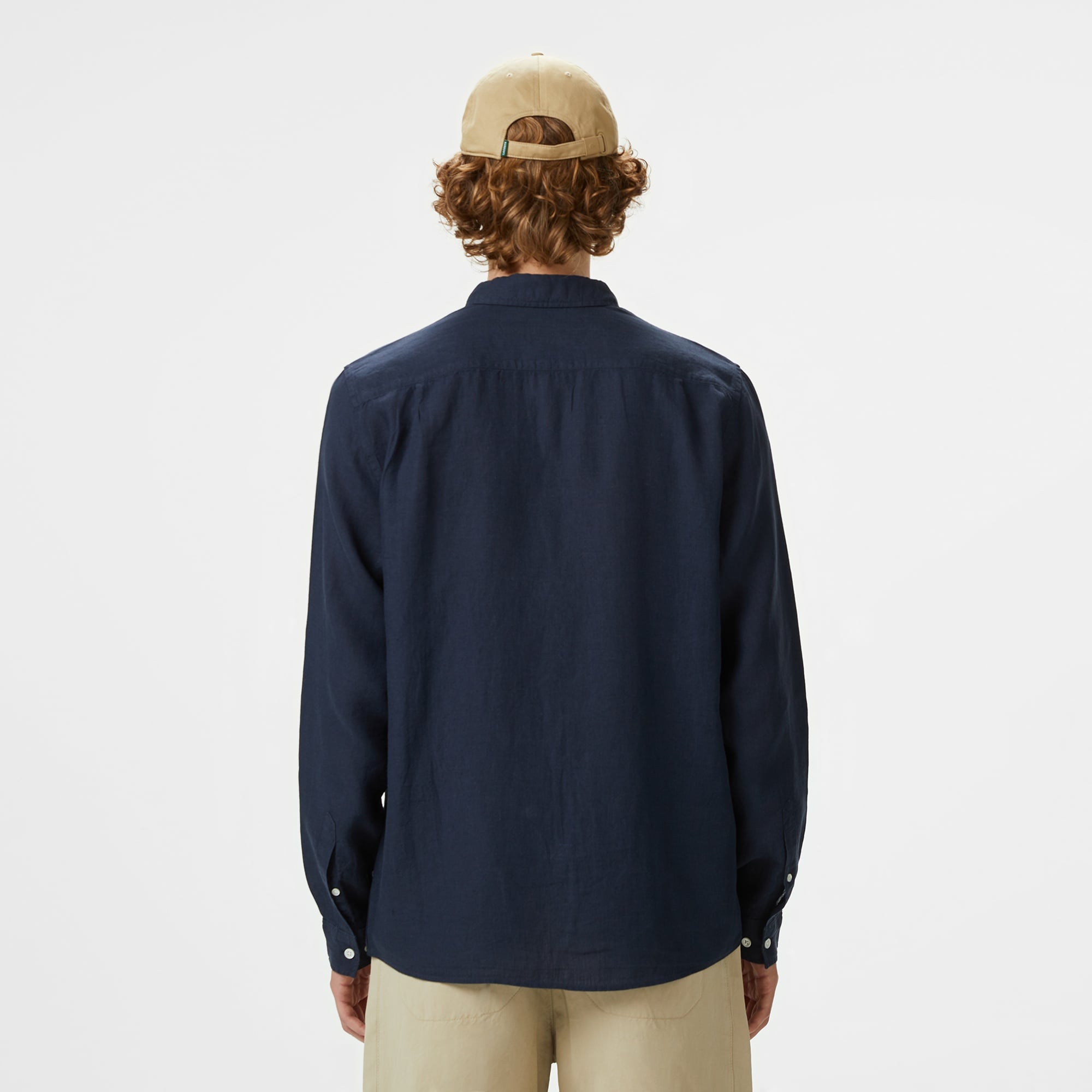 Erkek Regular Fit Düğmeli Yaka Keten Lacivert Gömlek