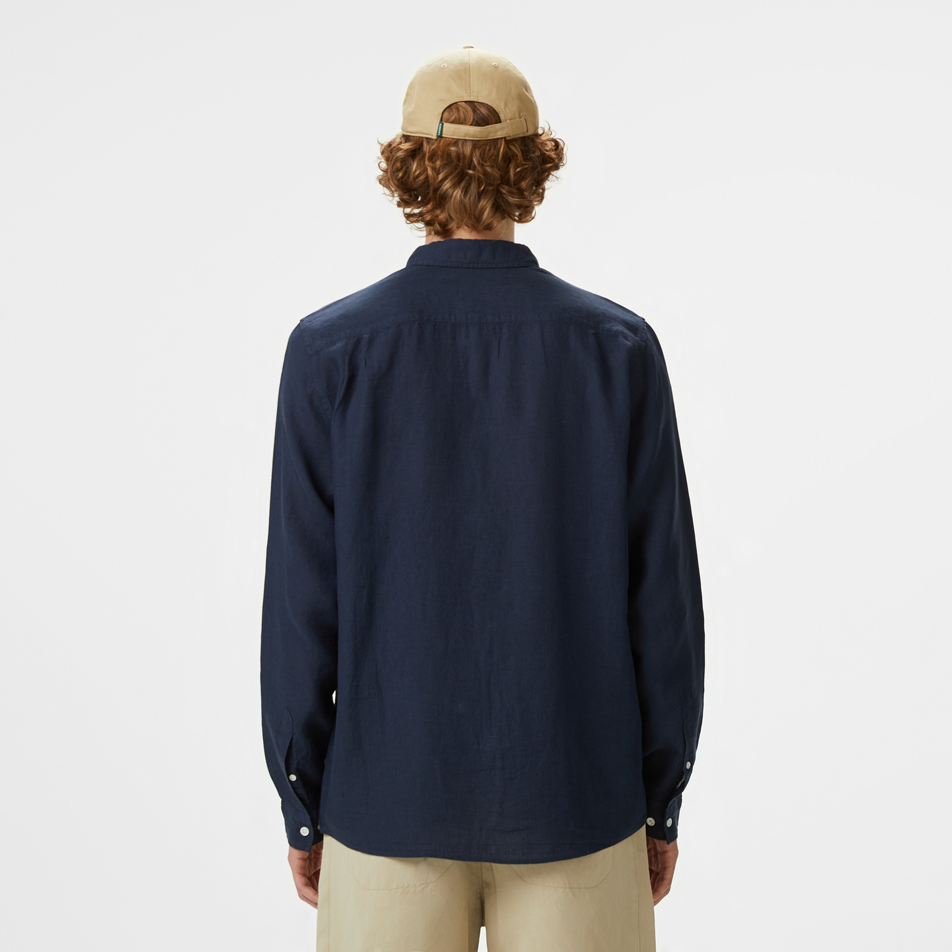 Erkek Regular Fit Düğmeli Yaka Keten Lacivert Gömlek