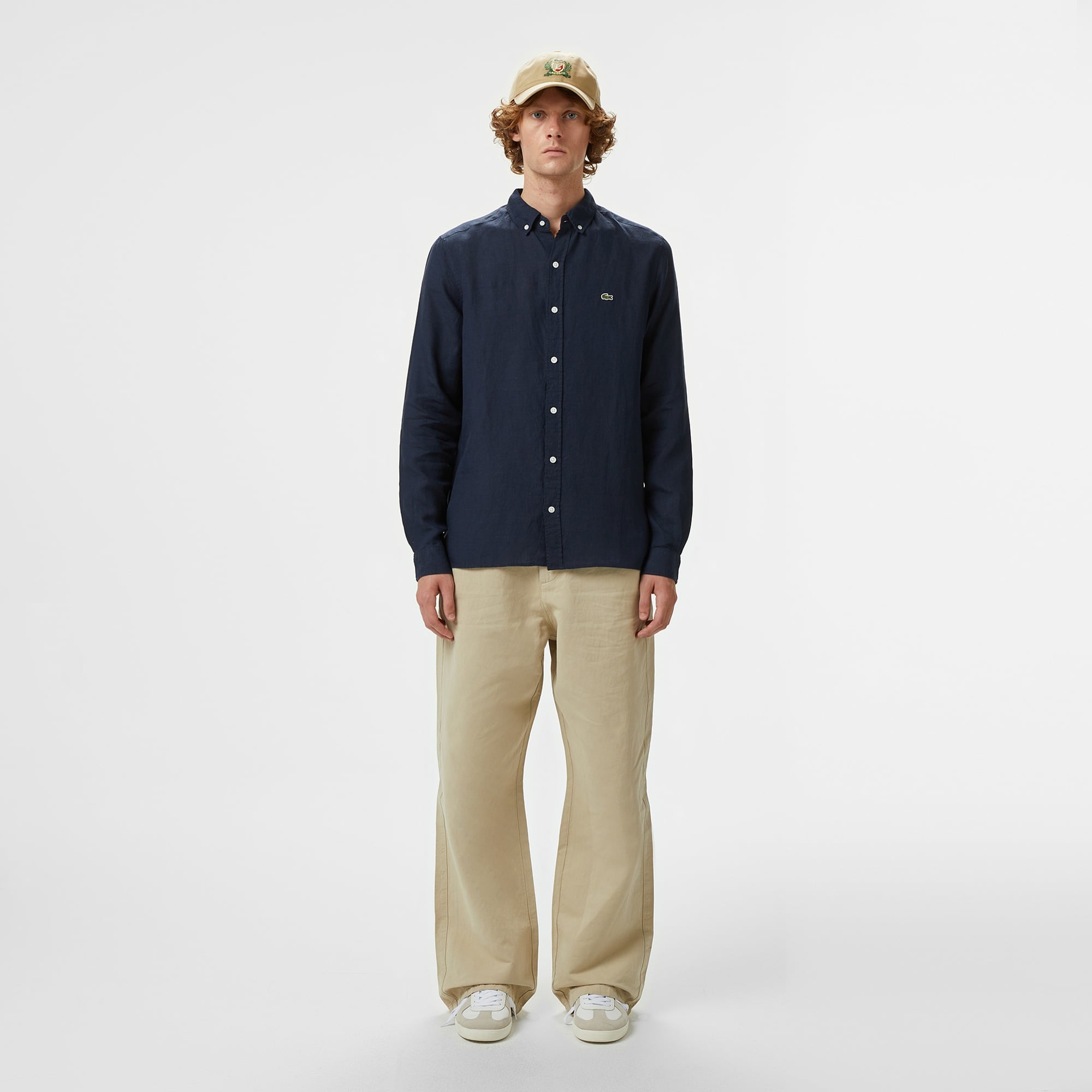 Erkek Regular Fit Düğmeli Yaka Keten Lacivert Gömlek