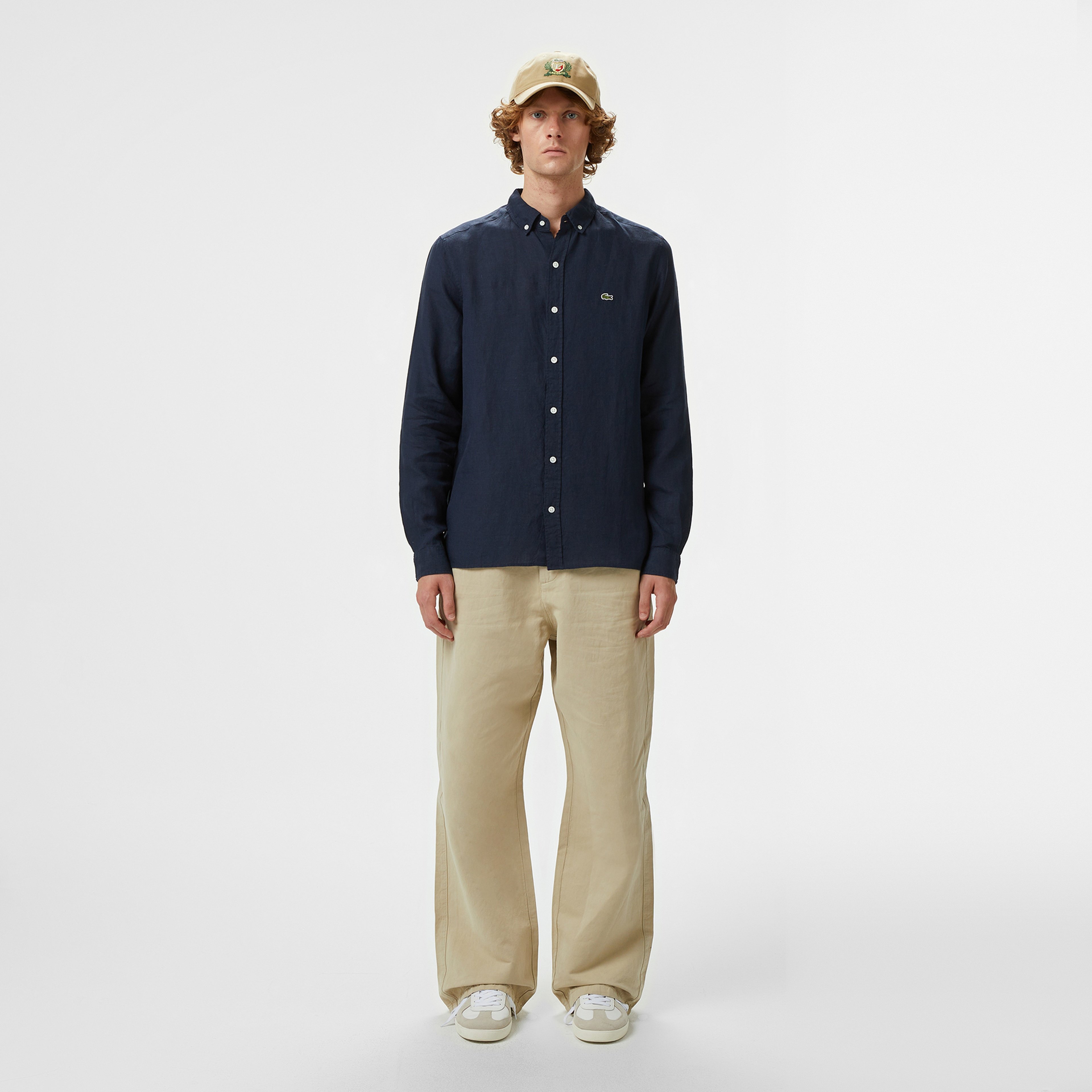 Erkek Regular Fit Düğmeli Yaka Keten Lacivert Gömlek