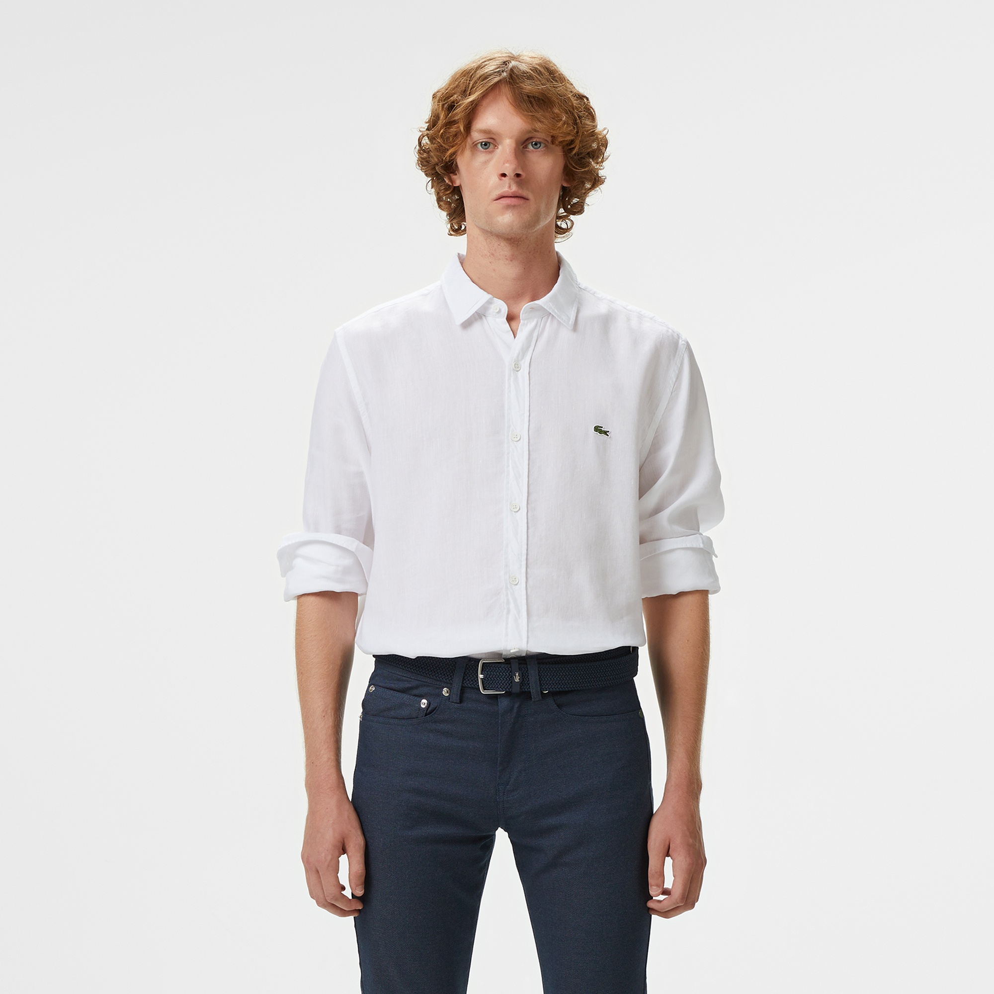 Erkek Slim Fit Keten Beyaz Gömlek