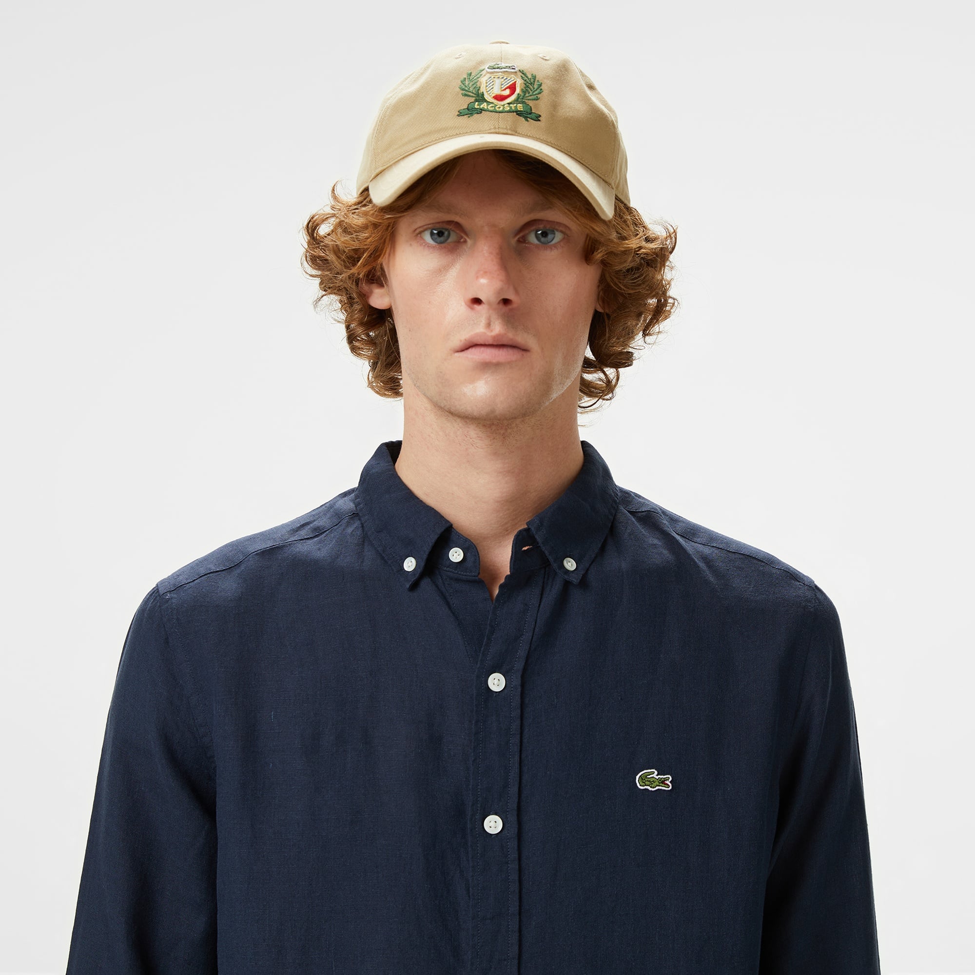 Erkek Regular Fit Düğmeli Yaka Keten Lacivert Gömlek