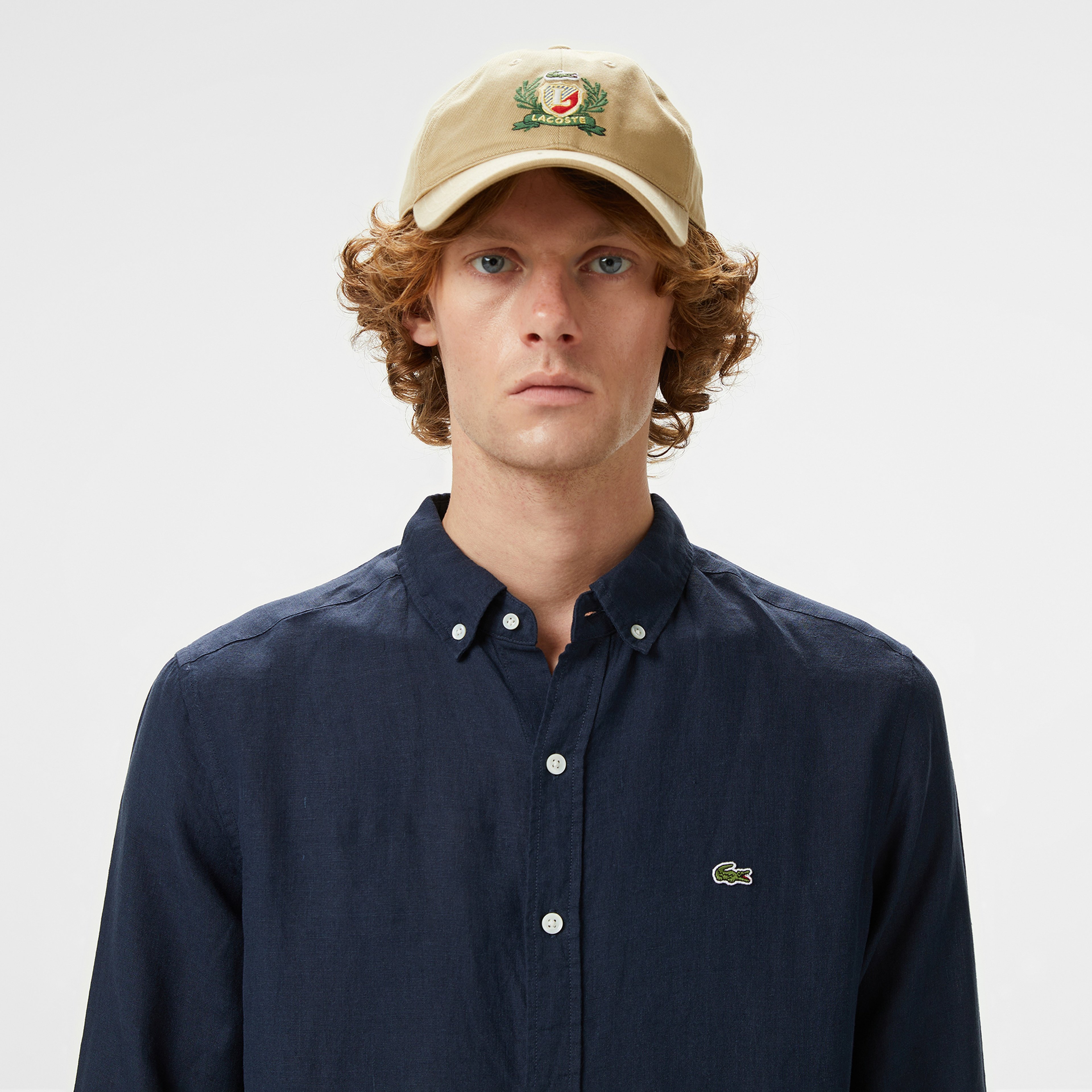 Erkek Regular Fit Düğmeli Yaka Keten Lacivert Gömlek