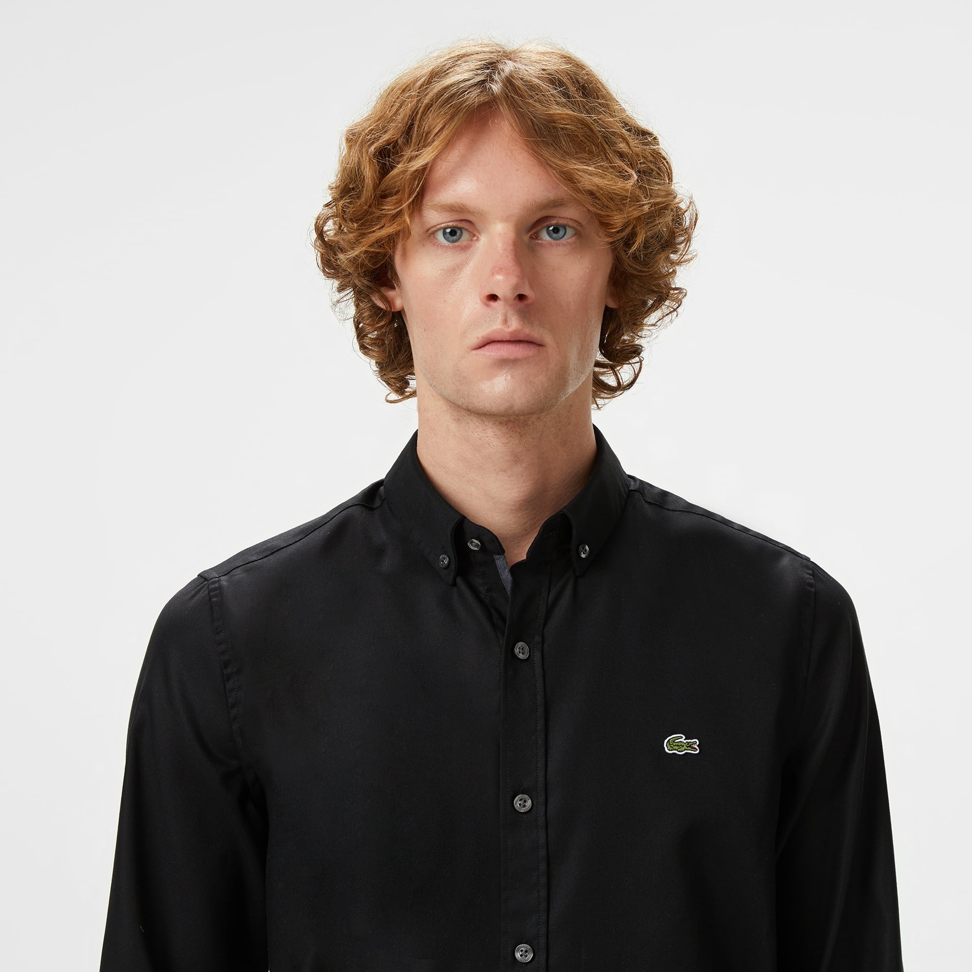 Erkek Slim Fit Düğmeli Yaka Siyah Gömlek