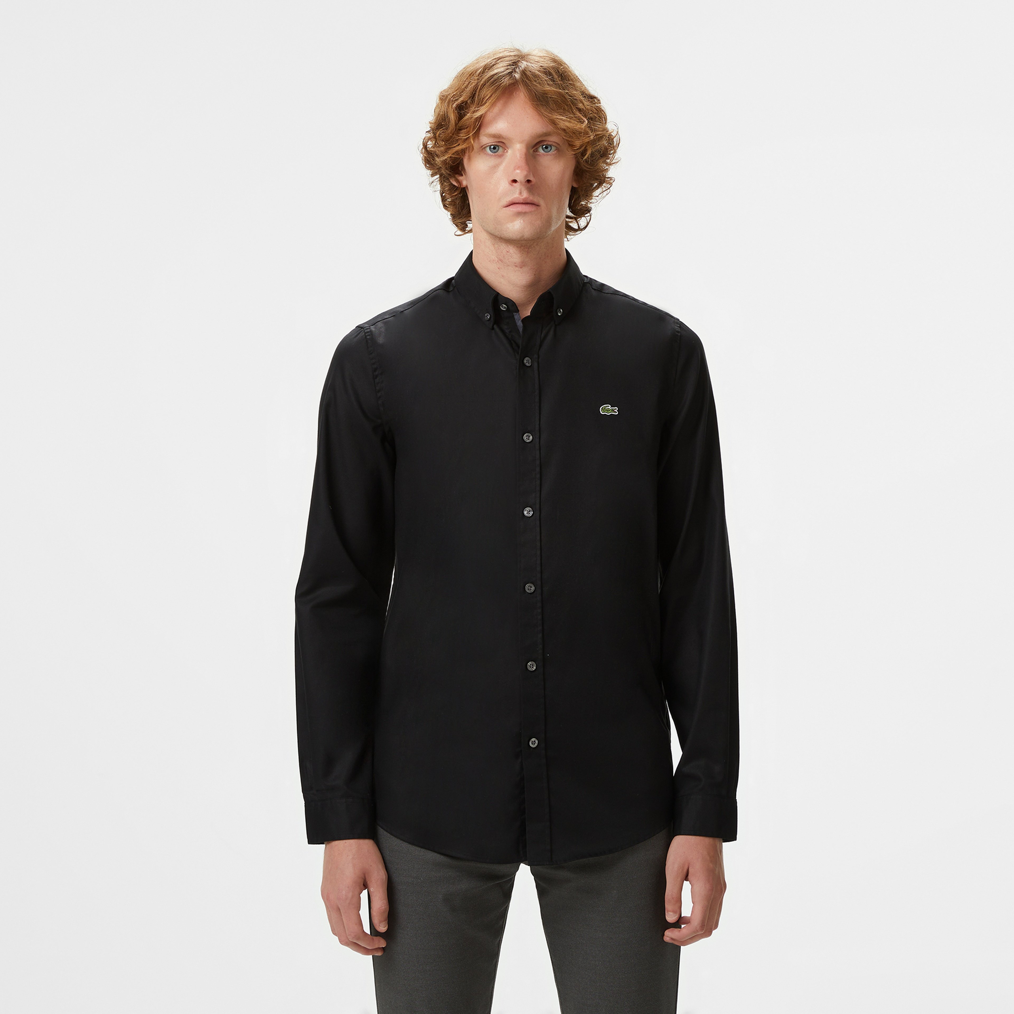 Erkek Slim Fit Düğmeli Yaka Siyah Gömlek