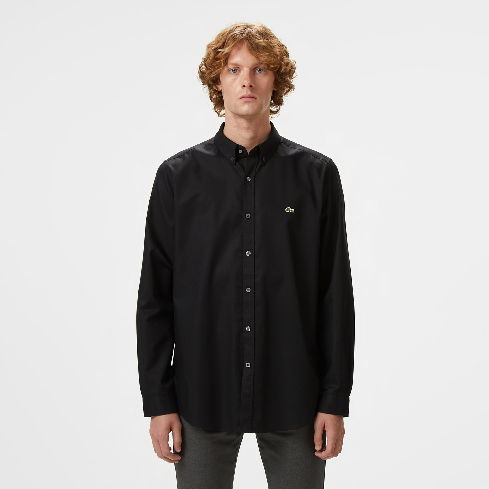 Erkek Slim Fit Düğmeli Yaka Siyah Gömlek