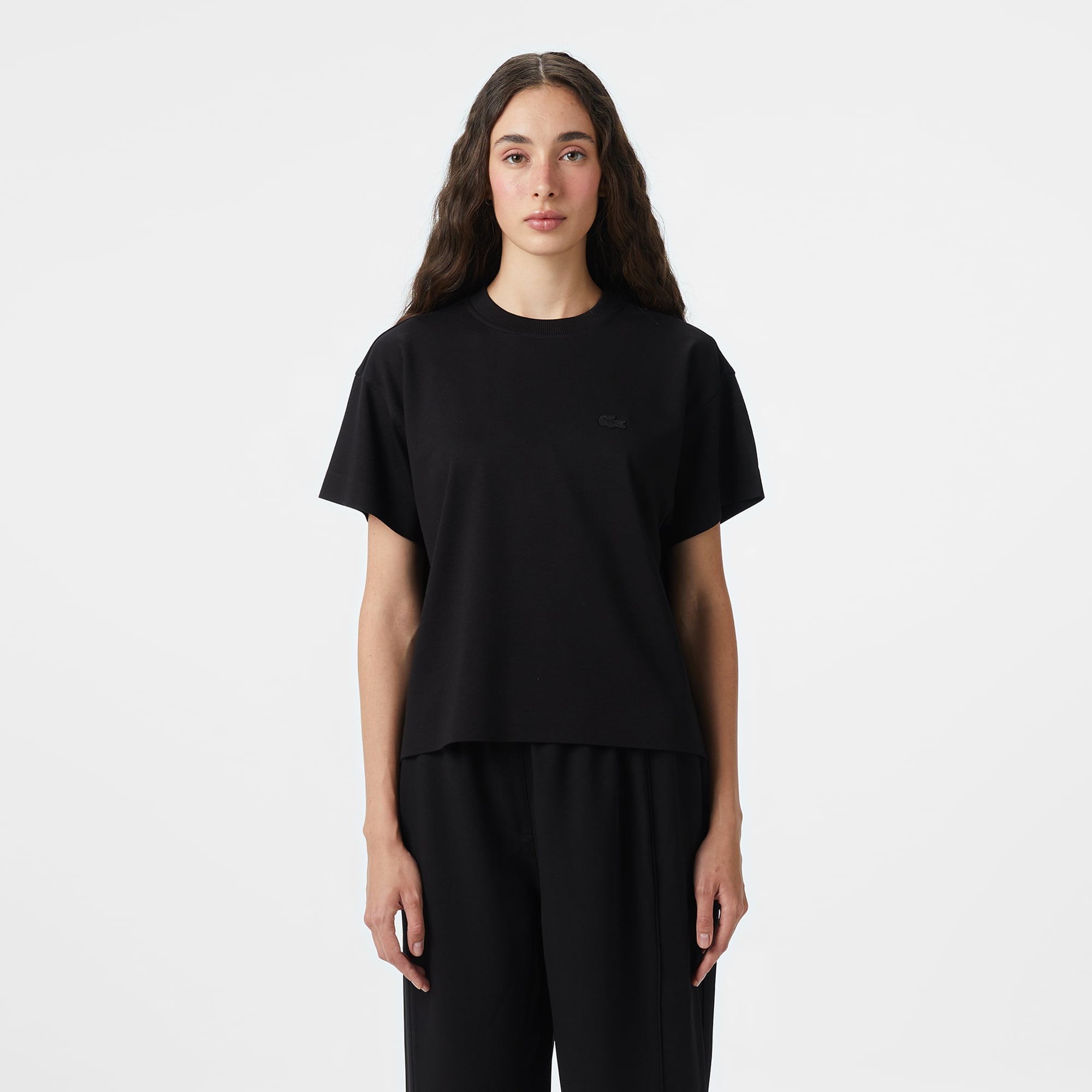 Lacoste Kadın Loose Fit Bisiklet Yaka Siyah T-Shirt