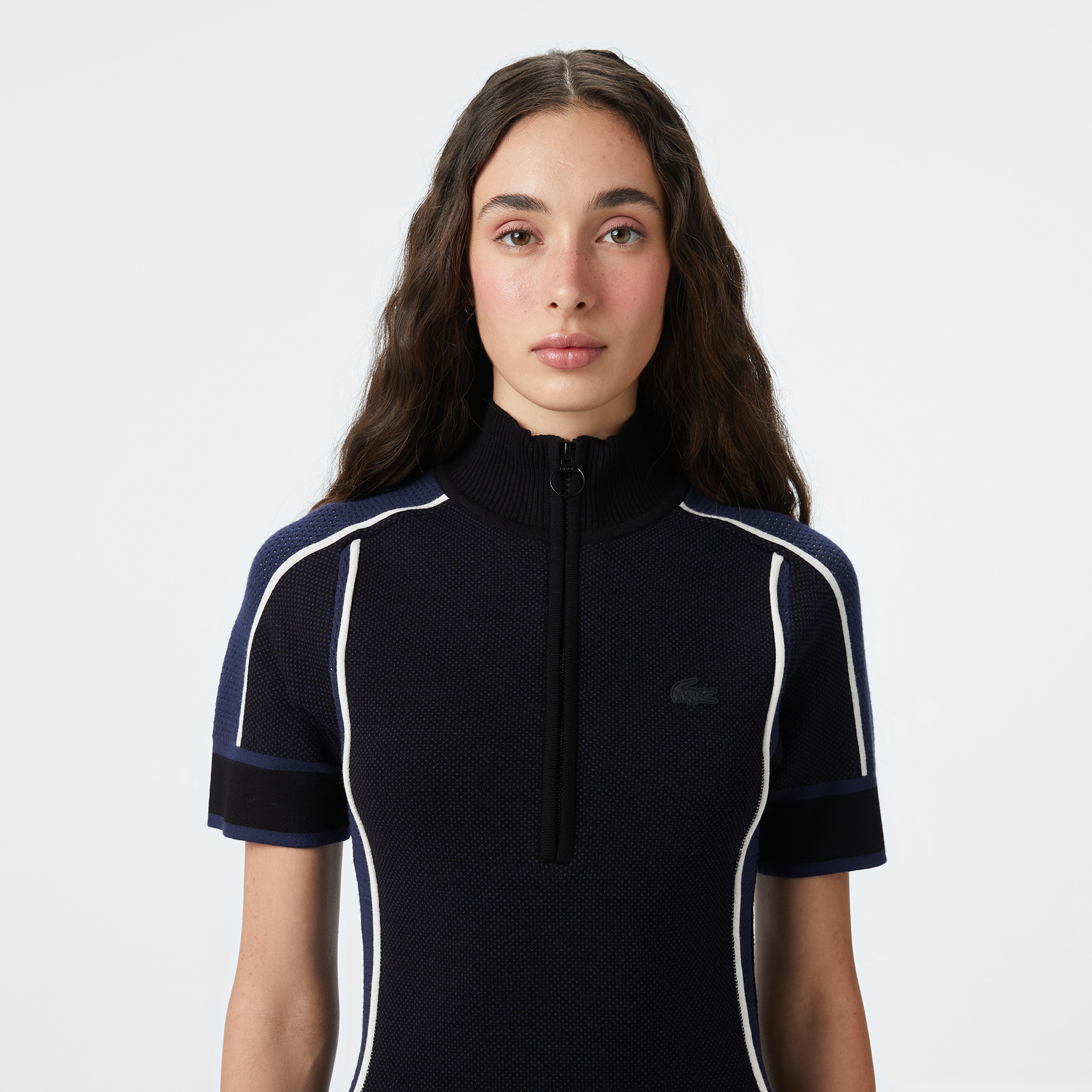 Kadın Classic Fit Kısa Kollu Yarım Fermuarlı Renk Bloklu Siyah Elbise