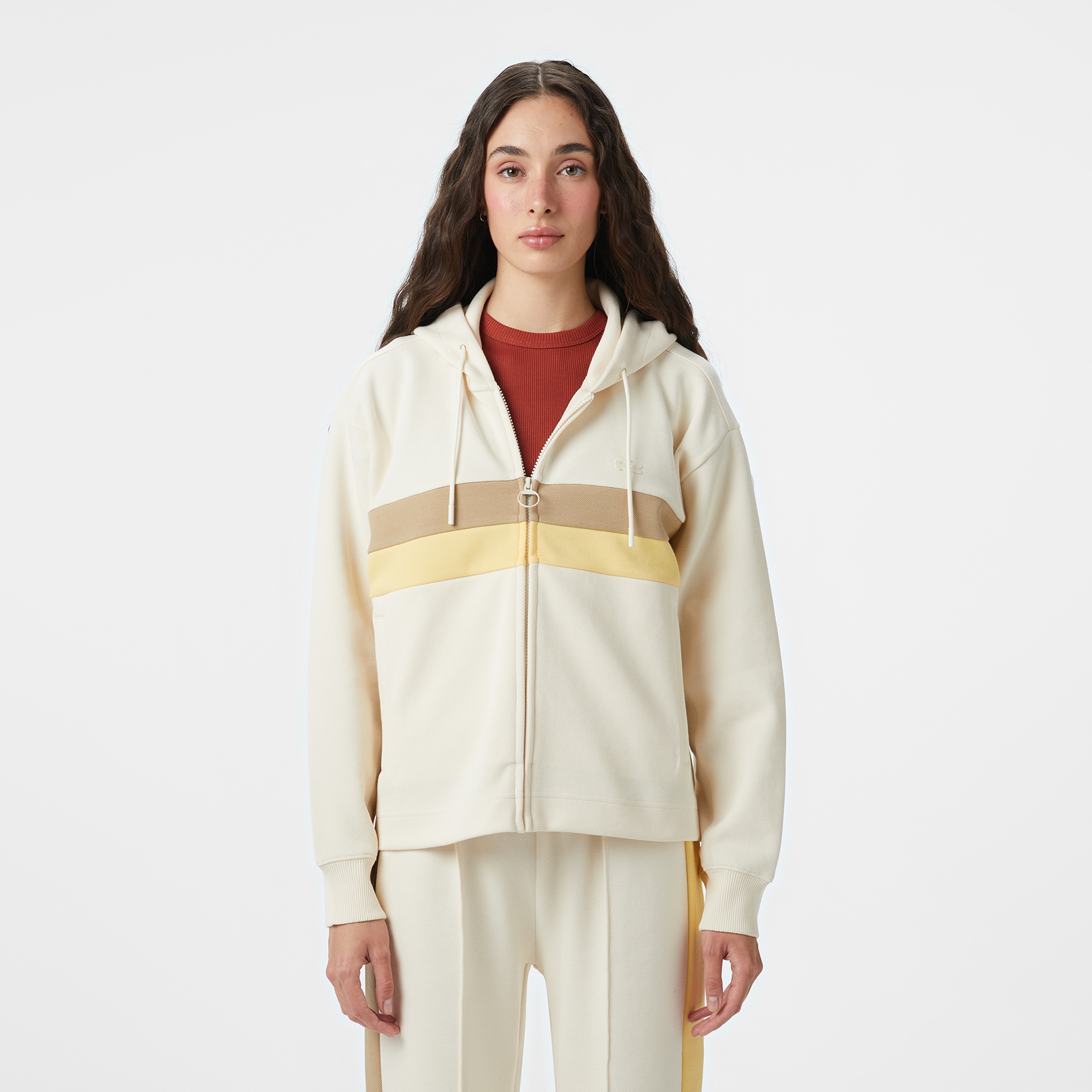 Kadın Relaxed Fit Kapüşonlu Renk Bloklu Krem Sweatshirt