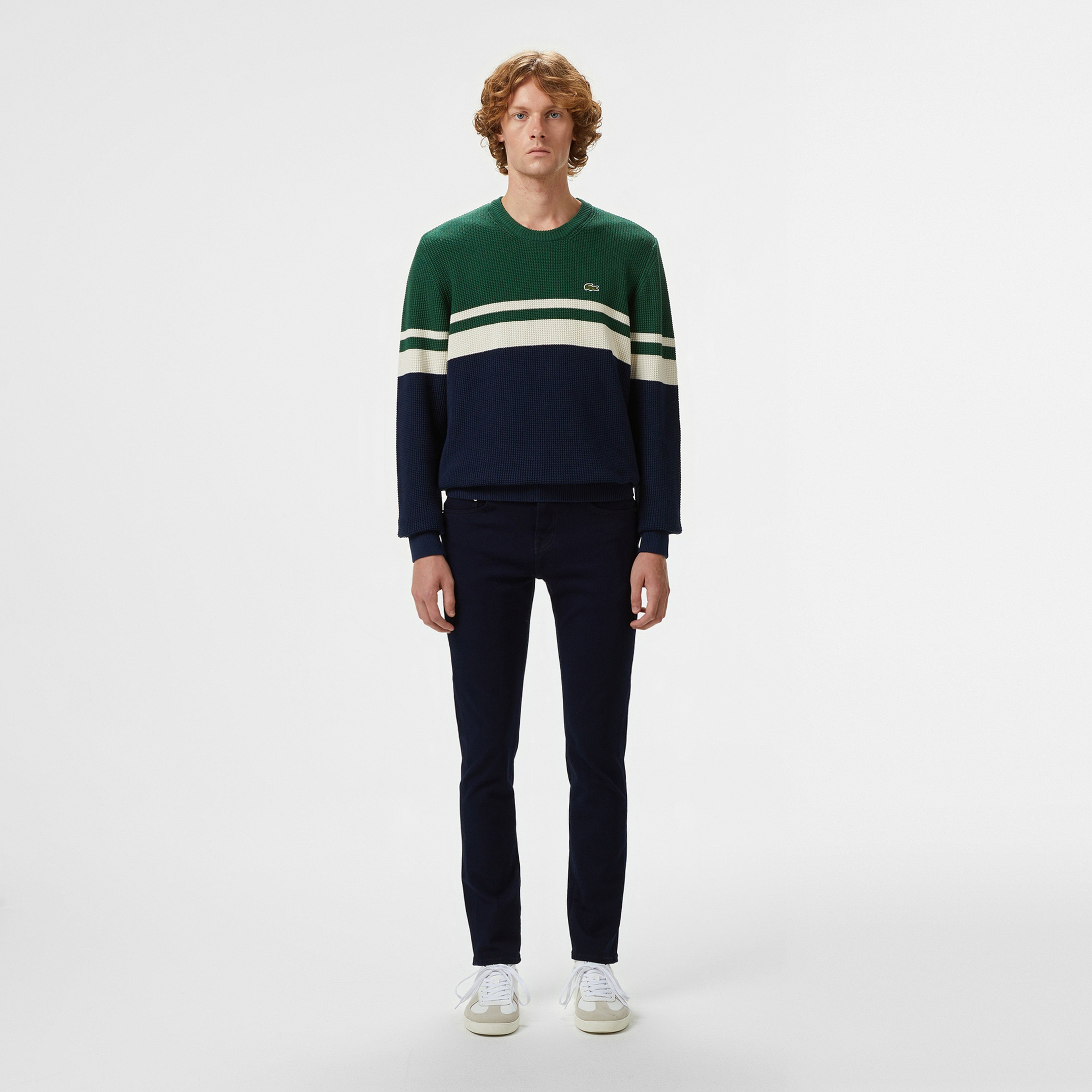 Erkek Classic Fit Bisiklet Yaka Renk Bloklu Lacivert Kazak