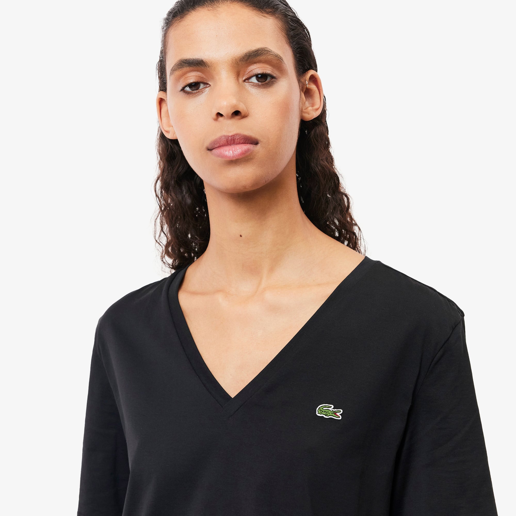 Lacoste Kadın Relaxed Fit V Yaka Siyah T-Shirt görsel 2