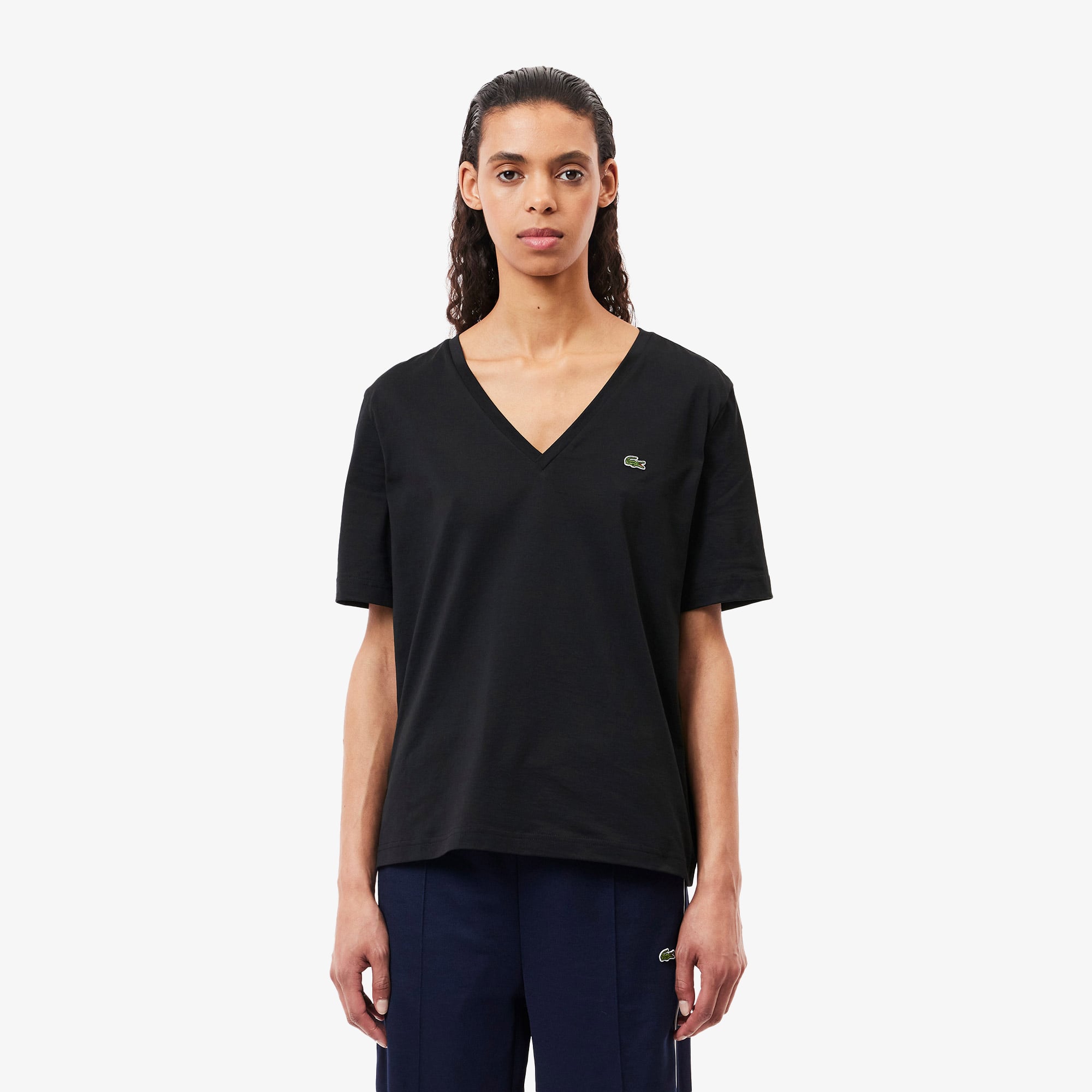 Lacoste Kadın Relaxed Fit V Yaka Siyah T-Shirt