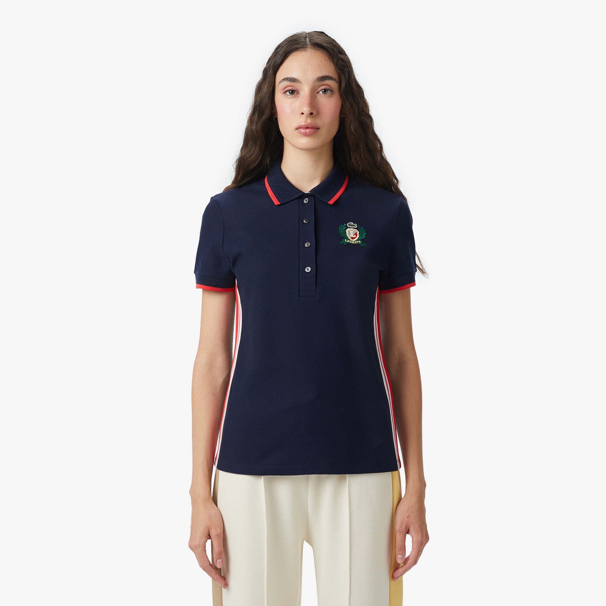 Lacoste Kadın Slim Fit Renk Bloklu Lacivert Polo