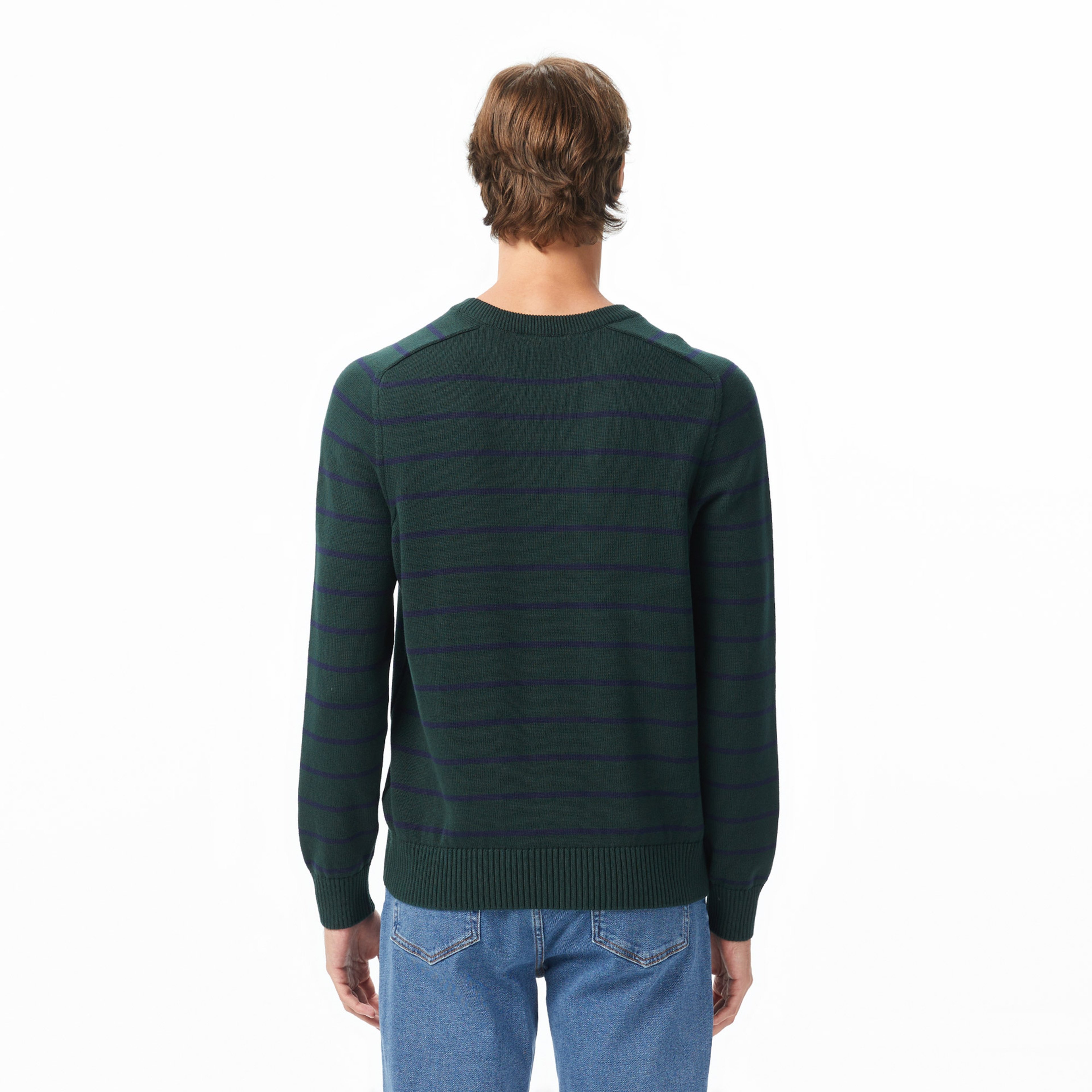 Erkek Classic Fit Bisiklet Yaka Çizgili Yeşil Kazak