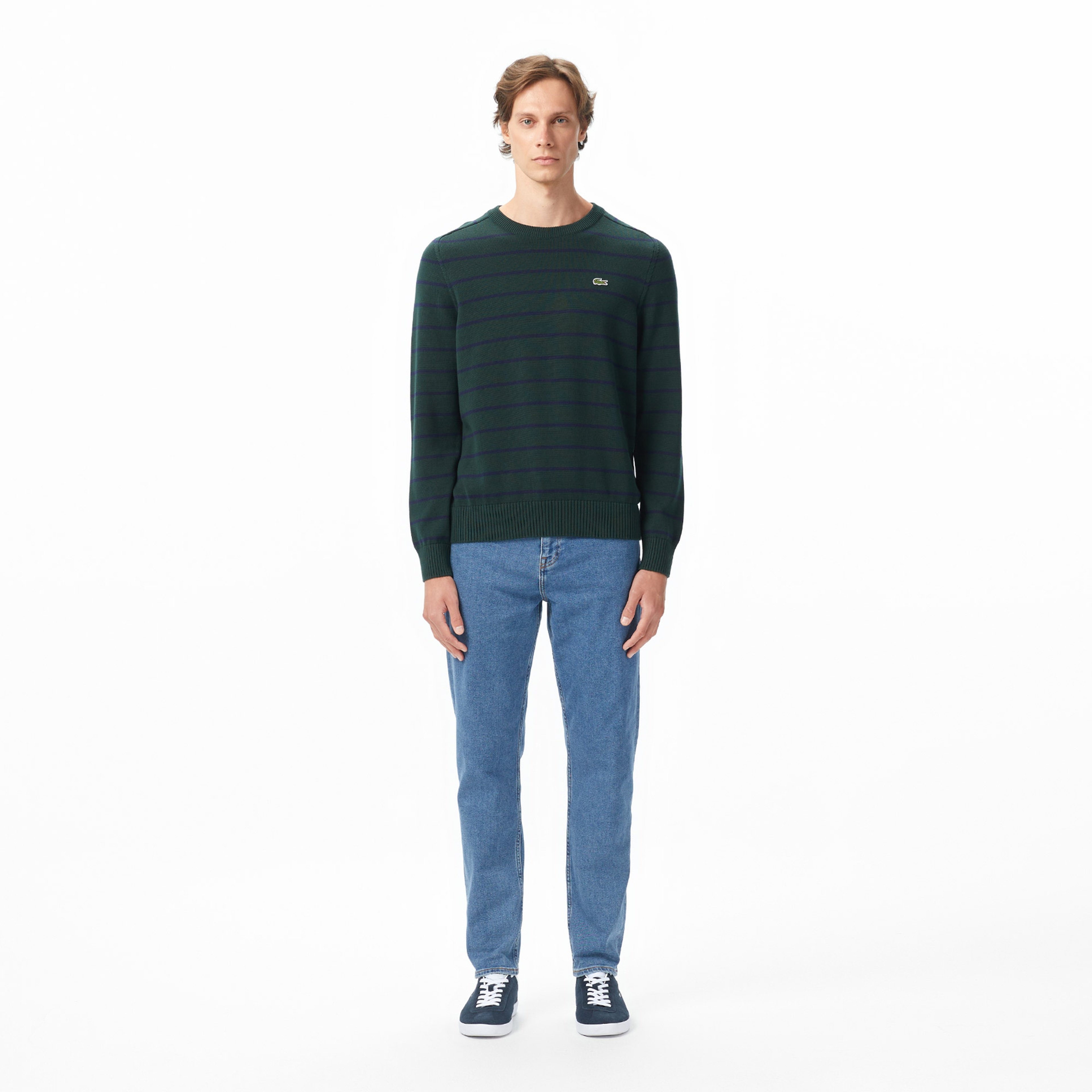 Erkek Classic Fit Bisiklet Yaka Çizgili Yeşil Kazak