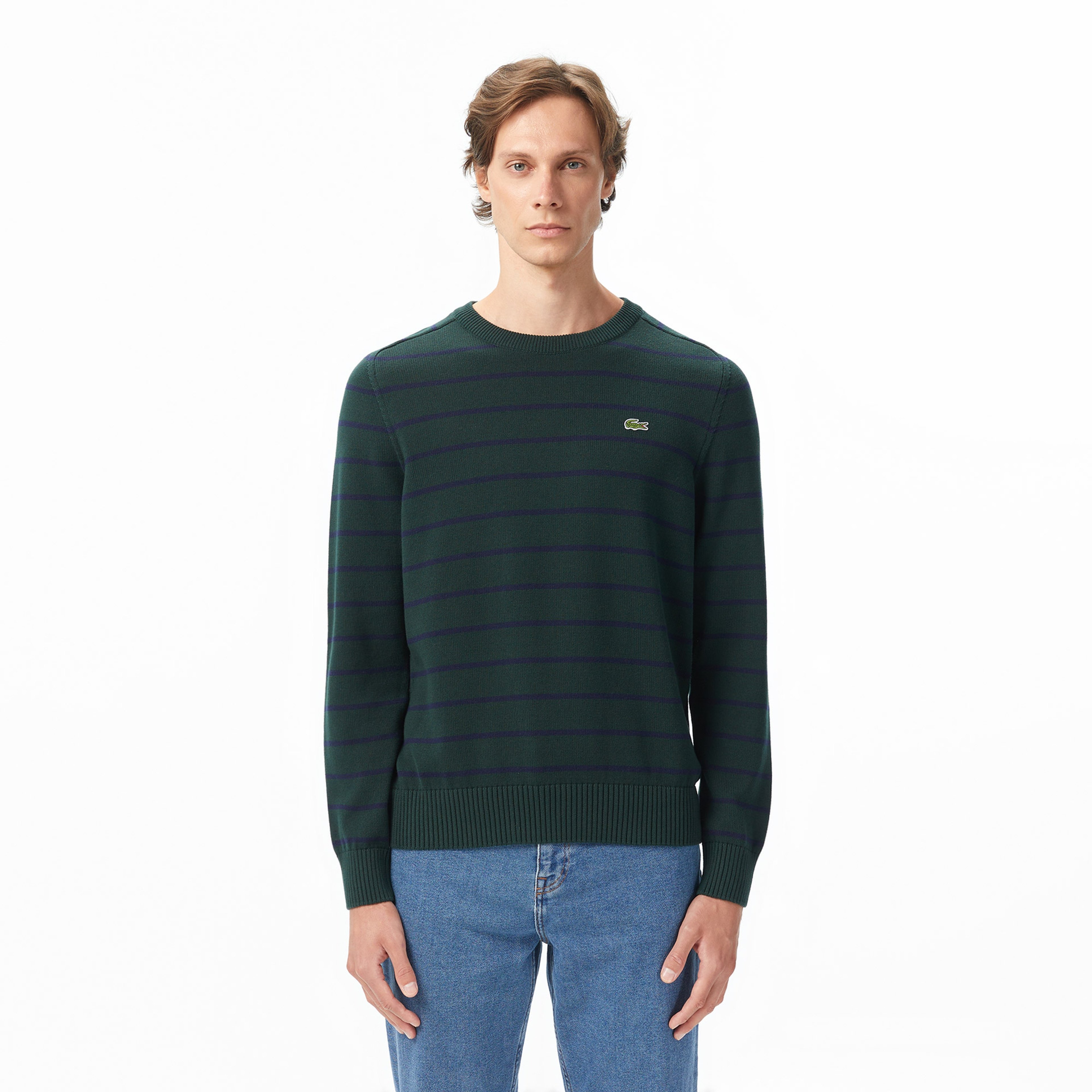 Erkek Classic Fit Bisiklet Yaka Çizgili Yeşil Kazak