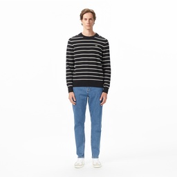 Erkek Classic Fit Bisiklet Yaka Çizgili Siyah Kazak Siyah